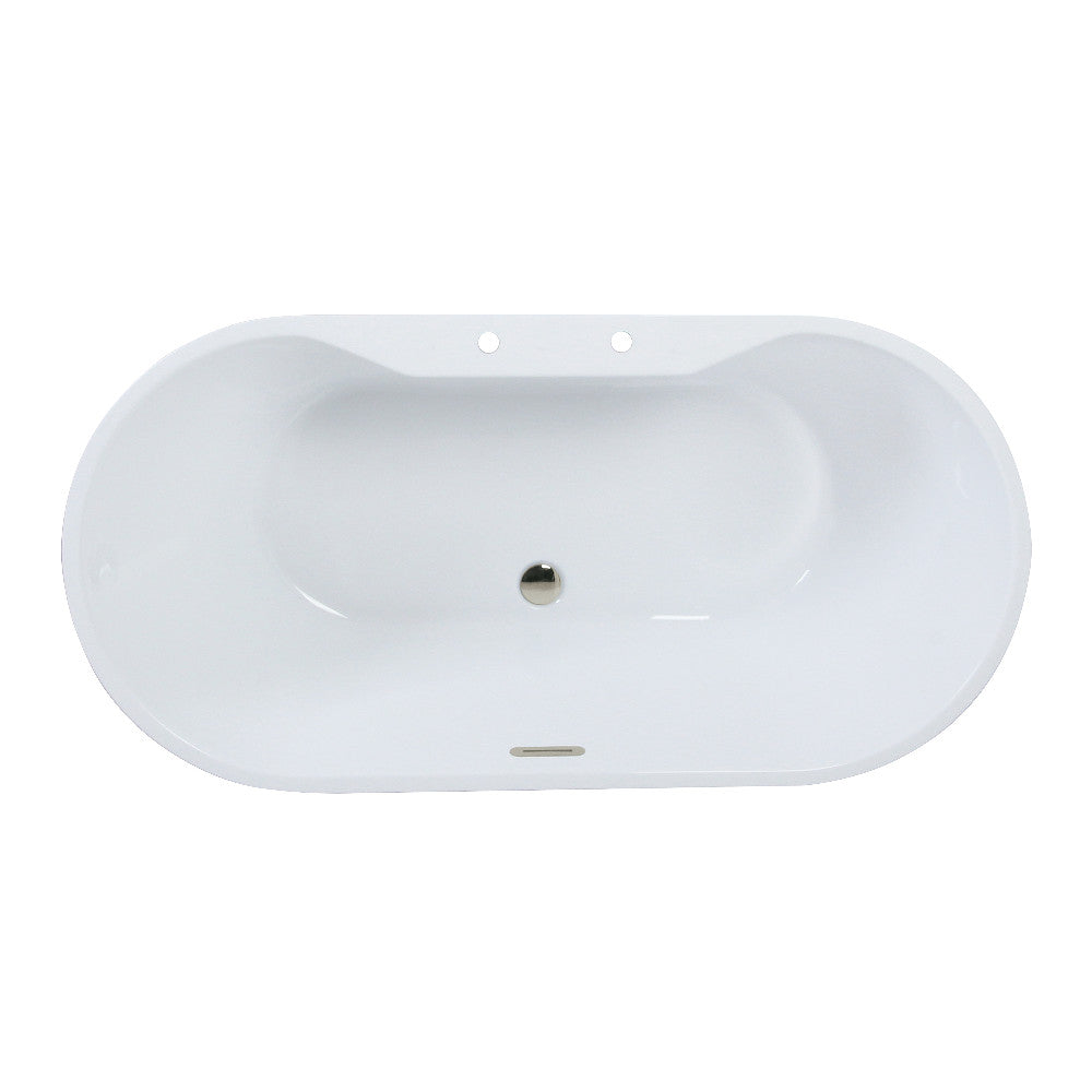 Free-standing acrylic oval tub in glossy white with center drain and overflow