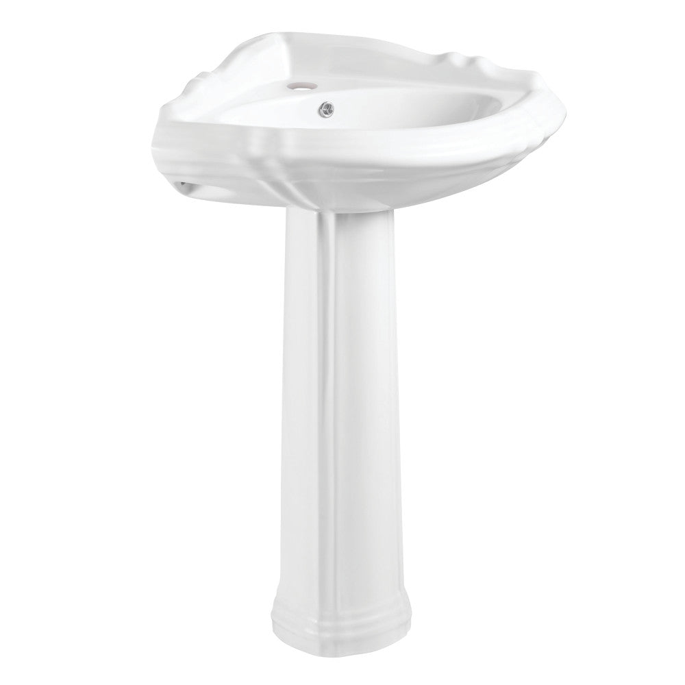 Glossy white ceramic corner pedestal sink with single faucet hole and drain cover