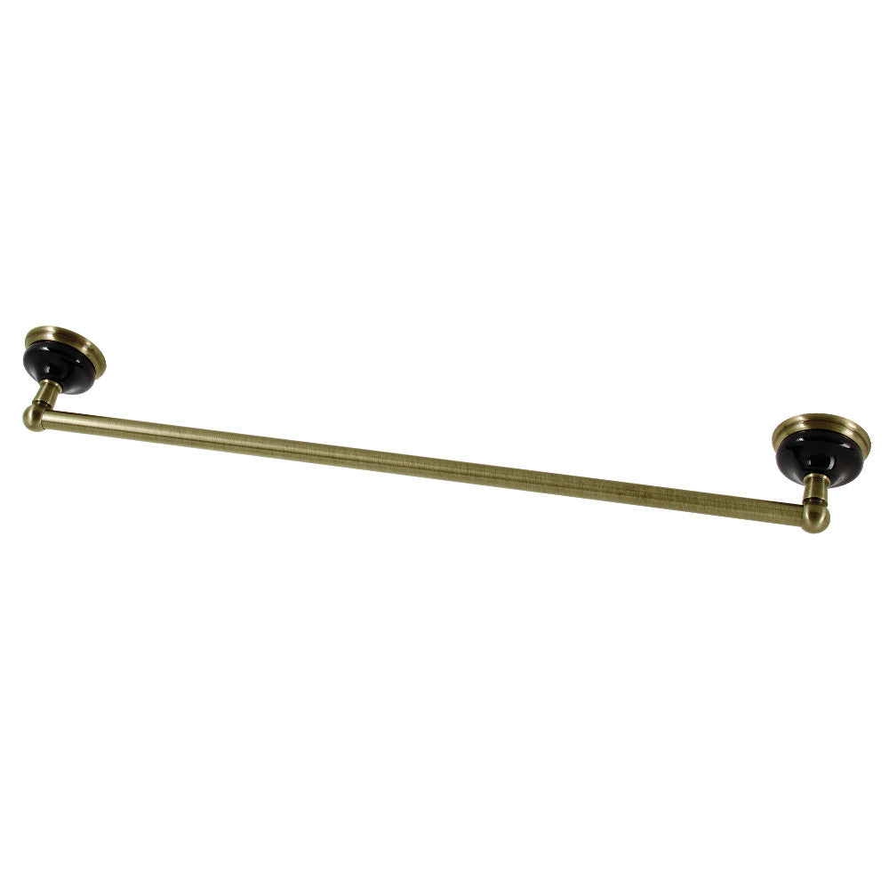 Single towel bar with antique brass finish and round wall mounts