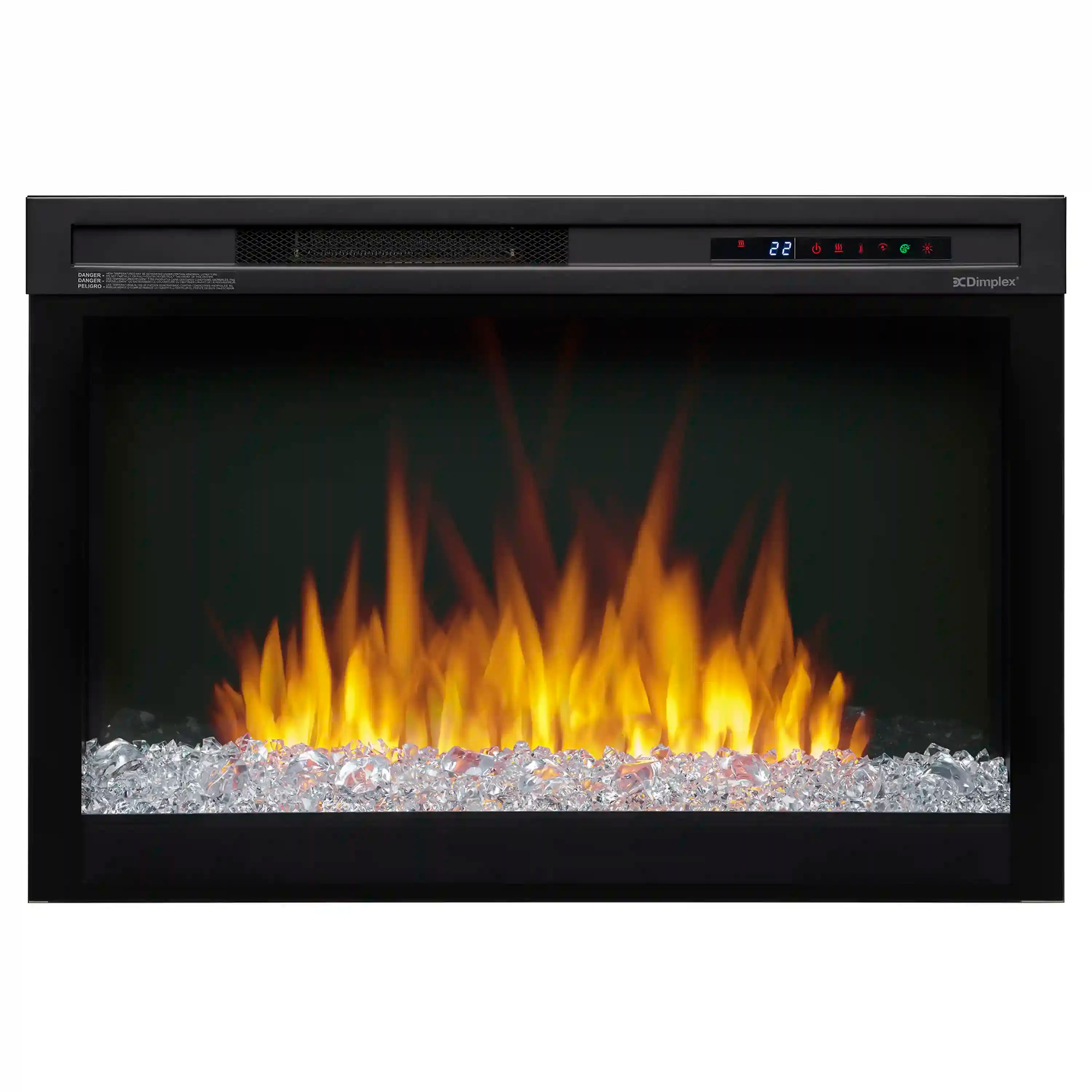 Front view electric firebox with flames and silver crystal ember bed behind glass