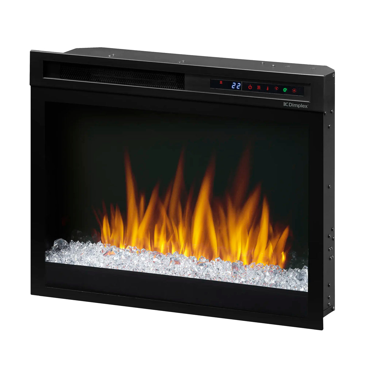 Black electric firebox front view with glowing flames and silver crystal ember bed