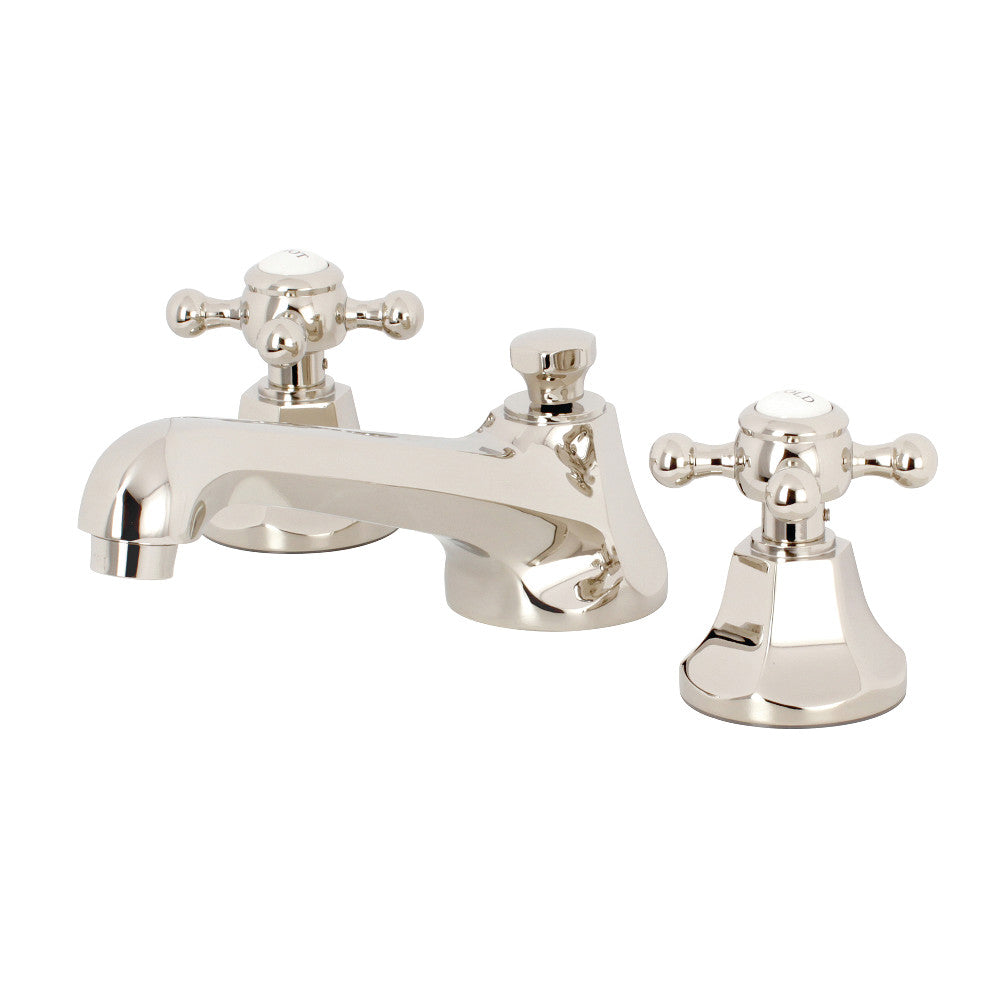 Polished nickel widespread bathroom faucet with cross handles and pop-up drain