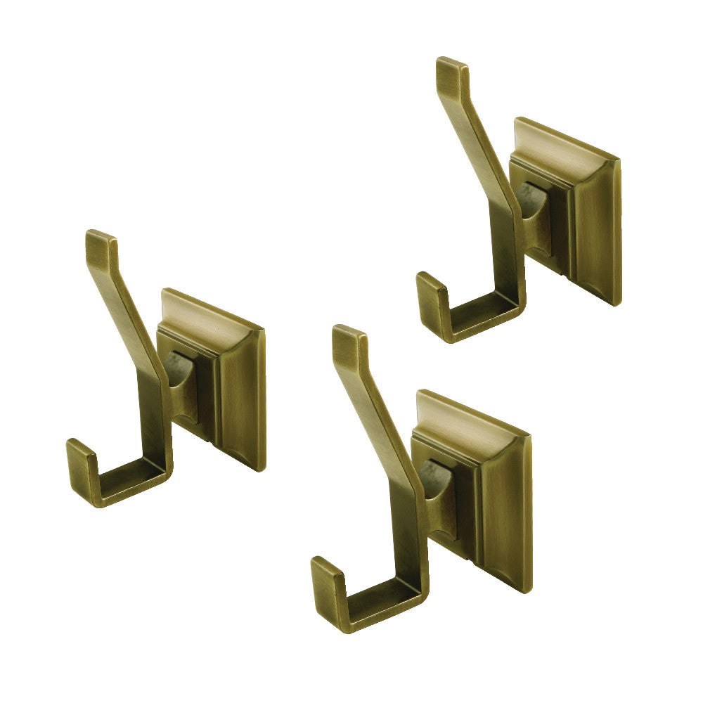 Antique brass bathroom robe hook set with three wall-mounted towel hooks
