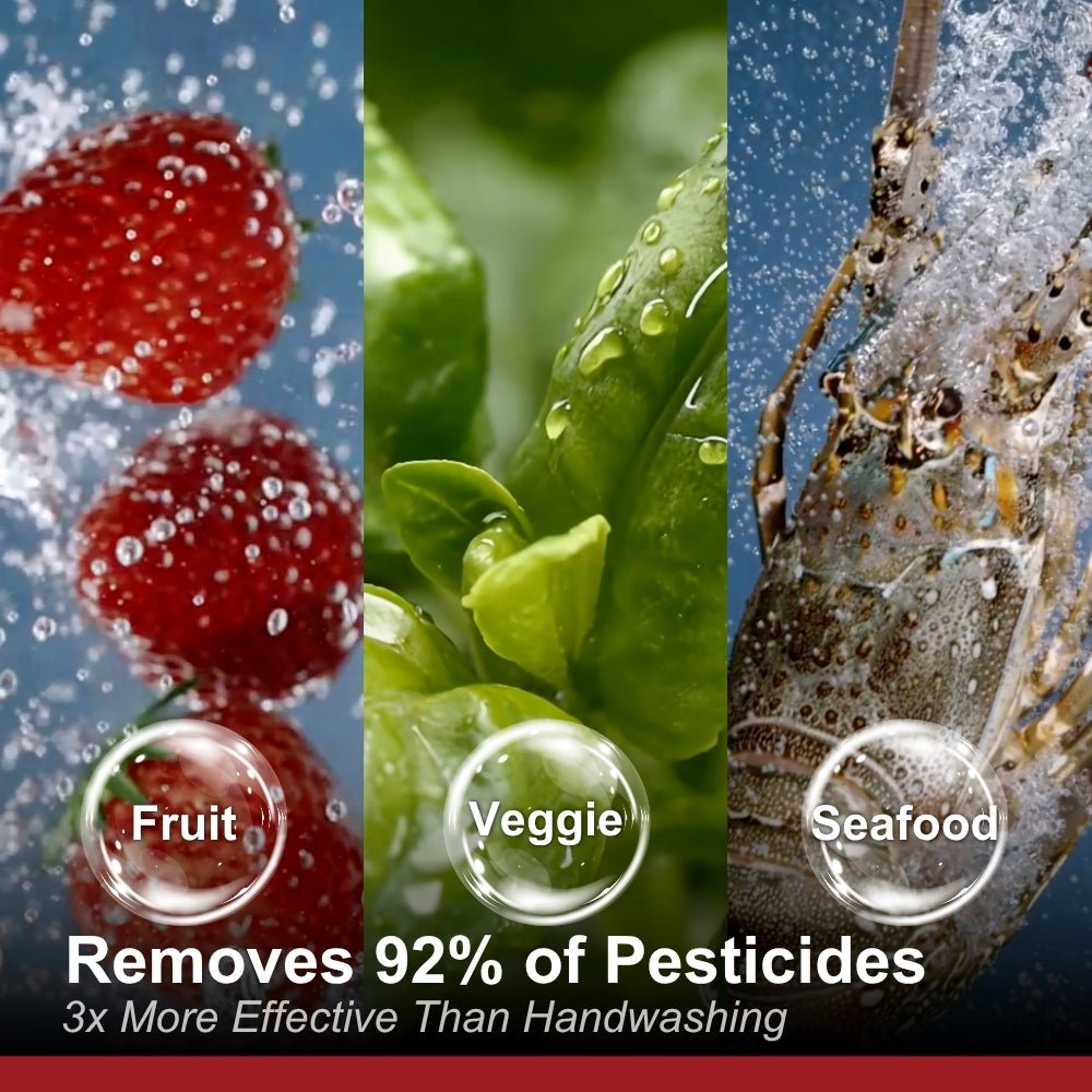 Dishwasher cleaning benefits graphic: fruit, veggie, and seafood with water droplets