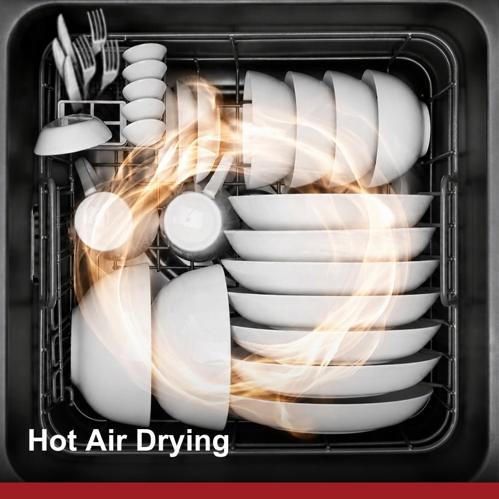 In-sink dishwasher interior with dishes and hot air drying airflow