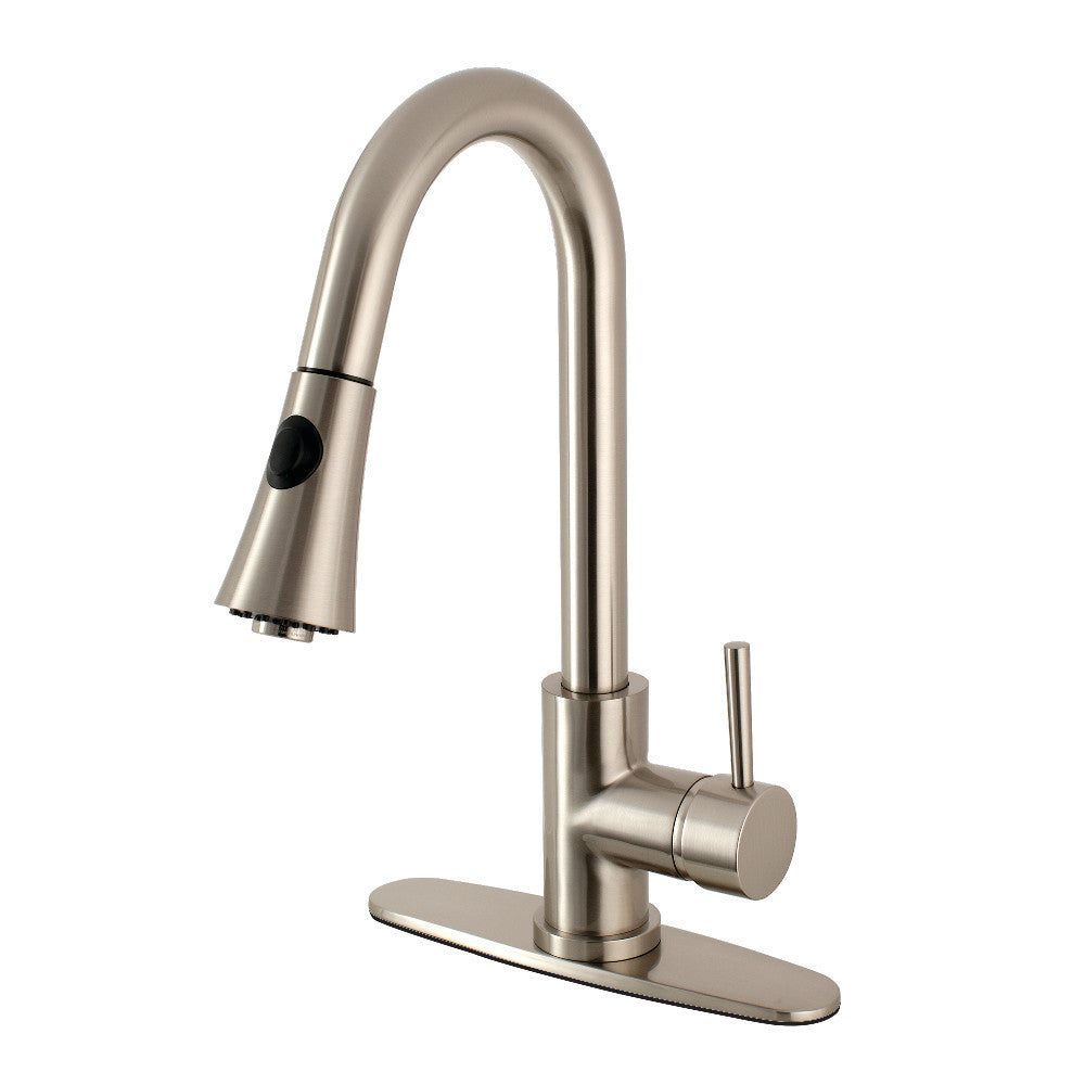 Brushed nickel single-handle pull-down kitchen faucet with tall arched spout