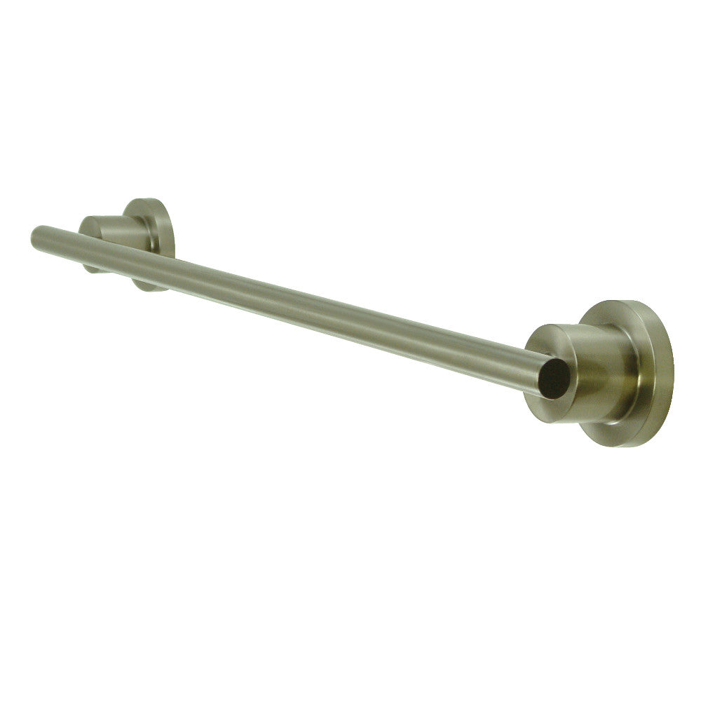 Brushed nickel single towel bar with round mounting flanges and horizontal bar