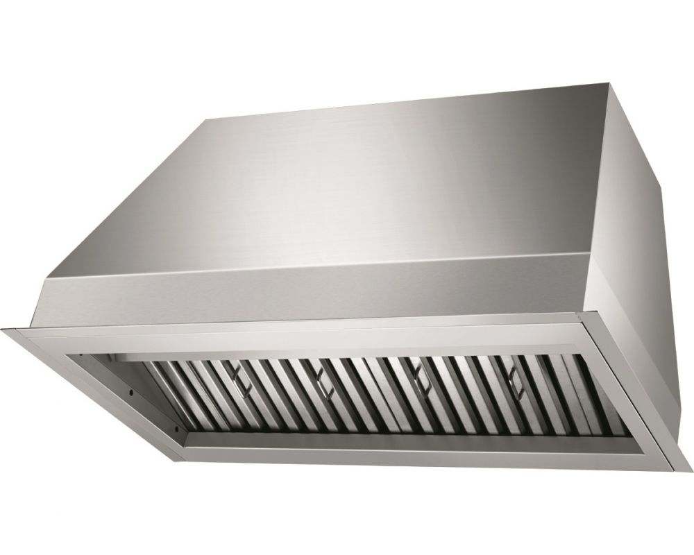 Stainless steel range hood insert with slatted baffle filter, angled front view