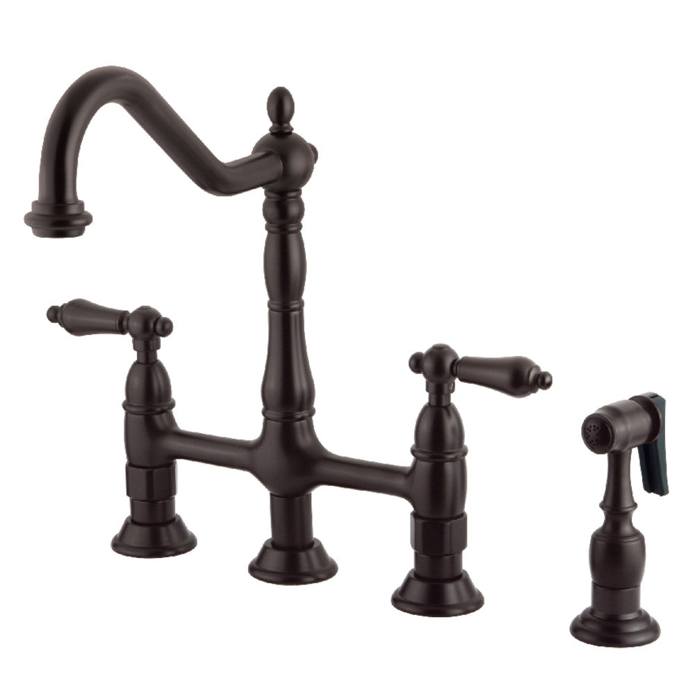 Oil-rubbed bronze bridge kitchen faucet with side sprayer and cross handles