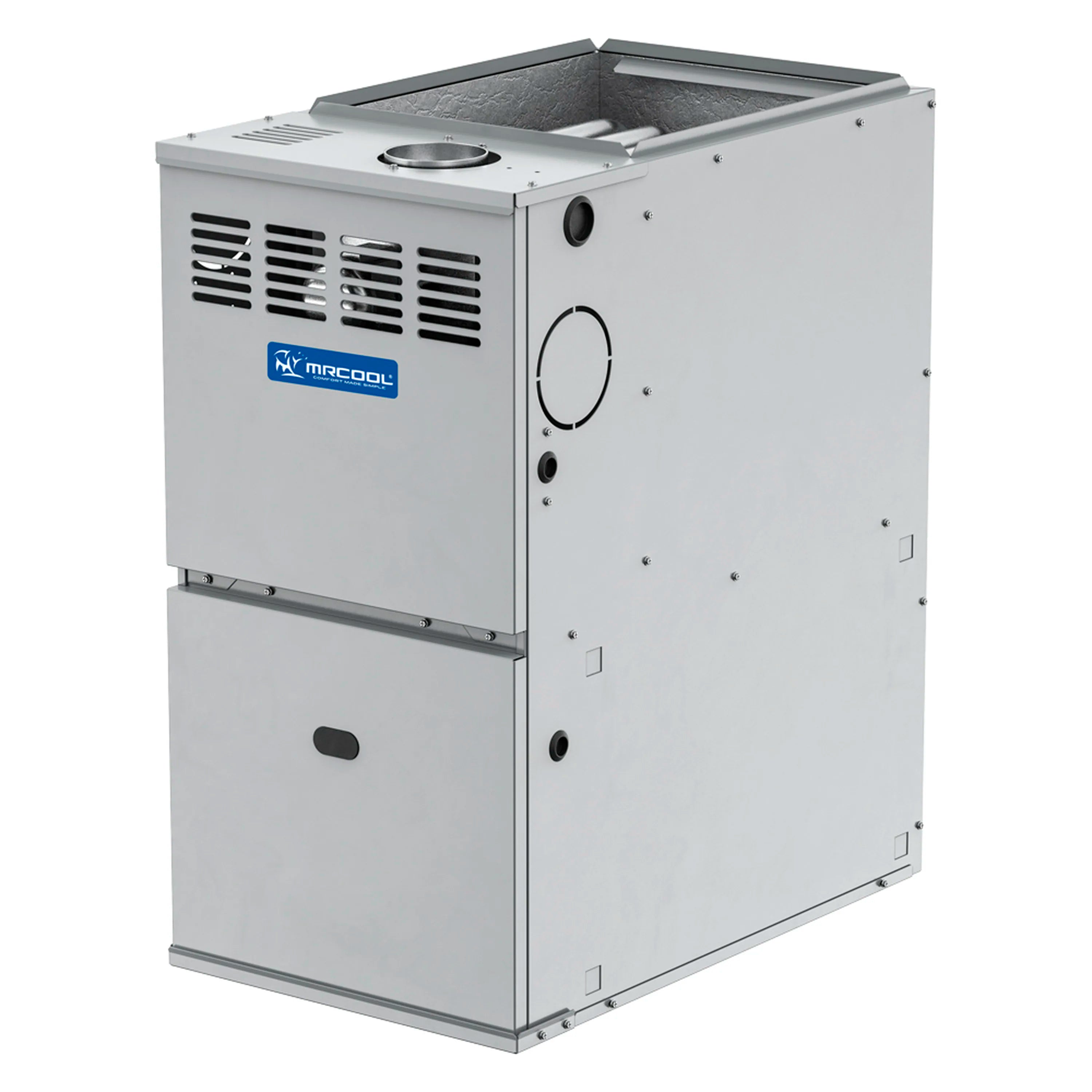 MRCOOL natural gas furnace, gray metal cabinet with blue logo and front vented panel