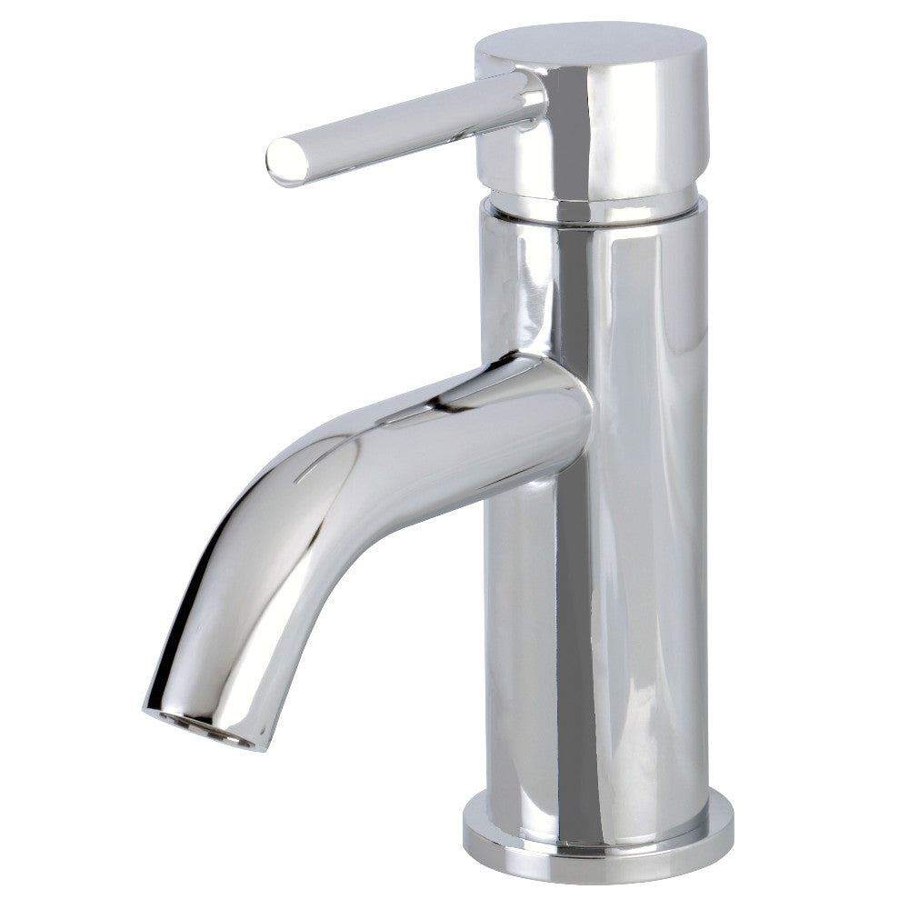 Polished chrome one-handle bathroom faucet with single-hole spout and cylindrical body.