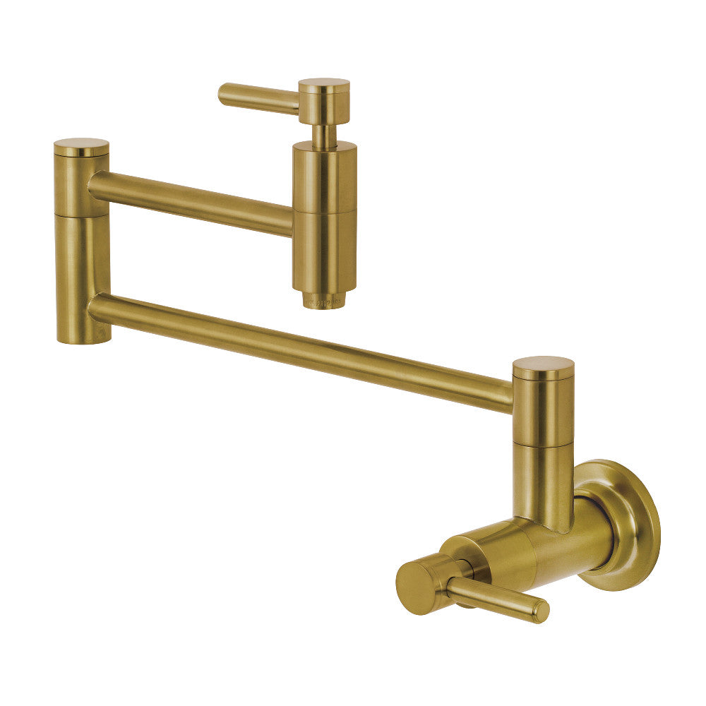 Wall-mount pot filler faucet with two handles, brushed brass finish.