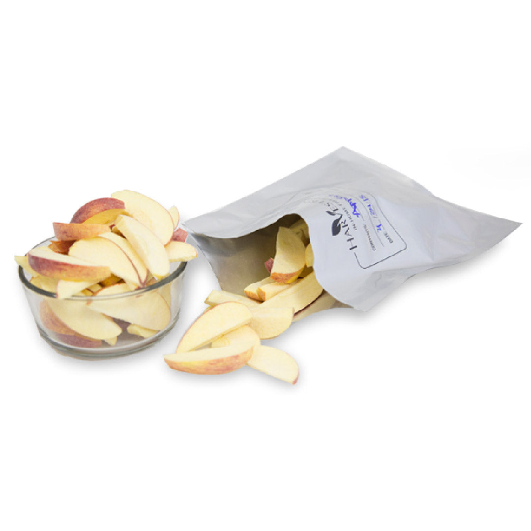 Freeze dryer food sample: sliced apples with a white mylar-style storage bag