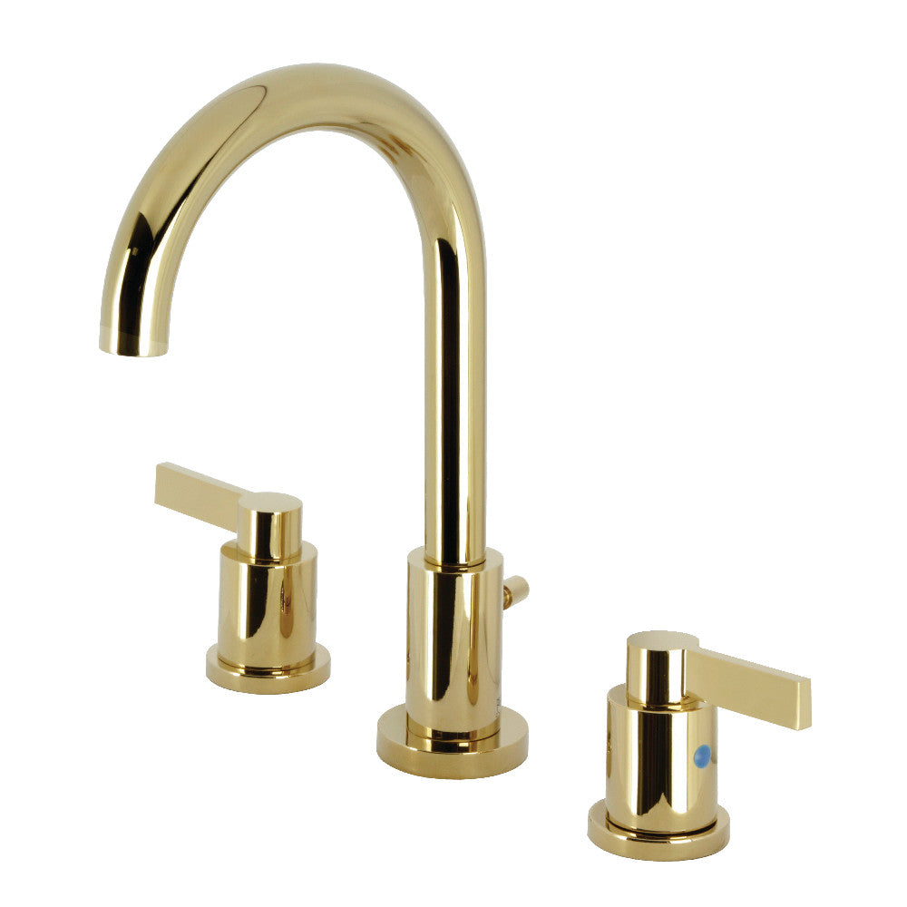 Polished brass widespread bathroom faucet with two cross handles and arched spout