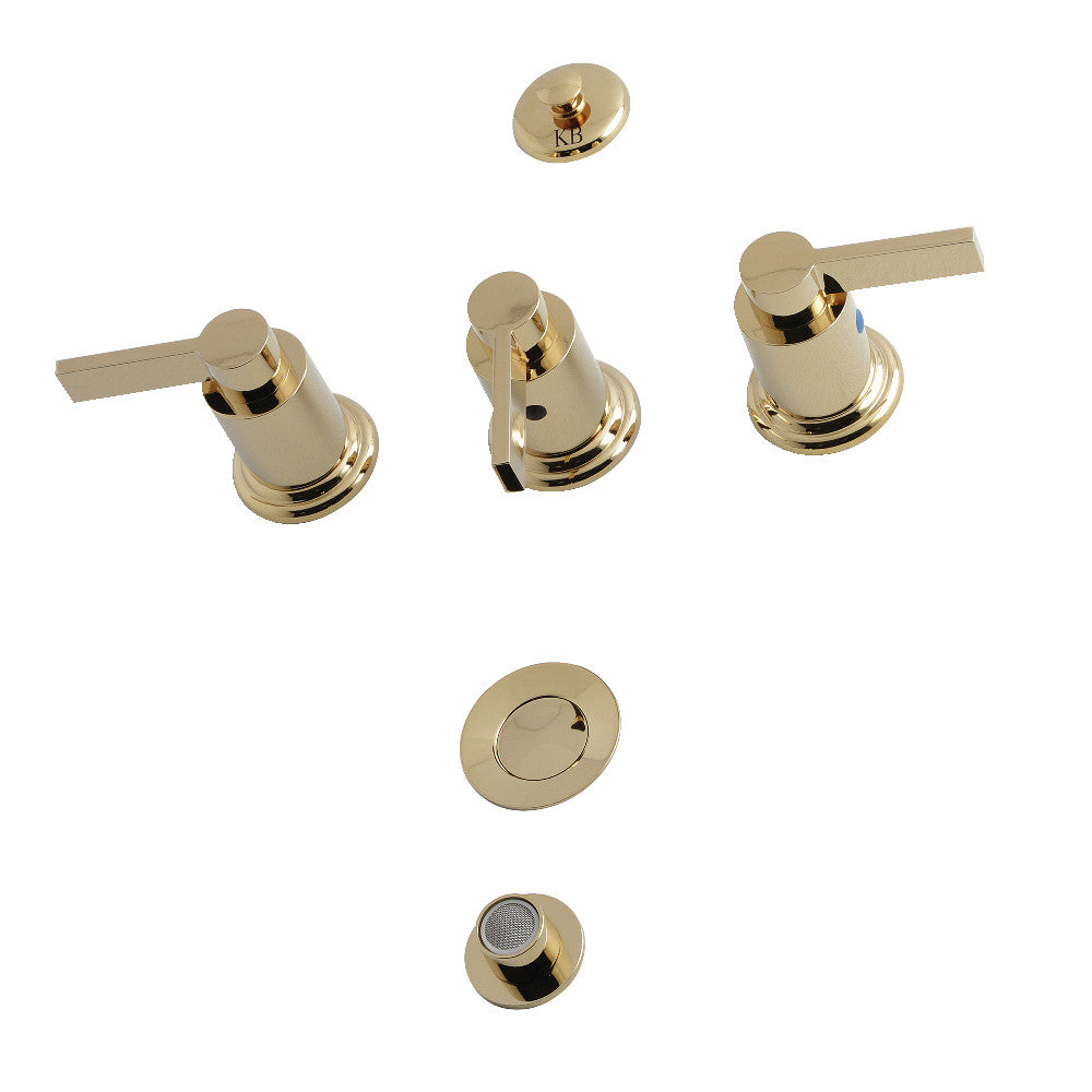 Polished brass three-handle bidet faucet with pop-up, side lever handles and round escutcheon