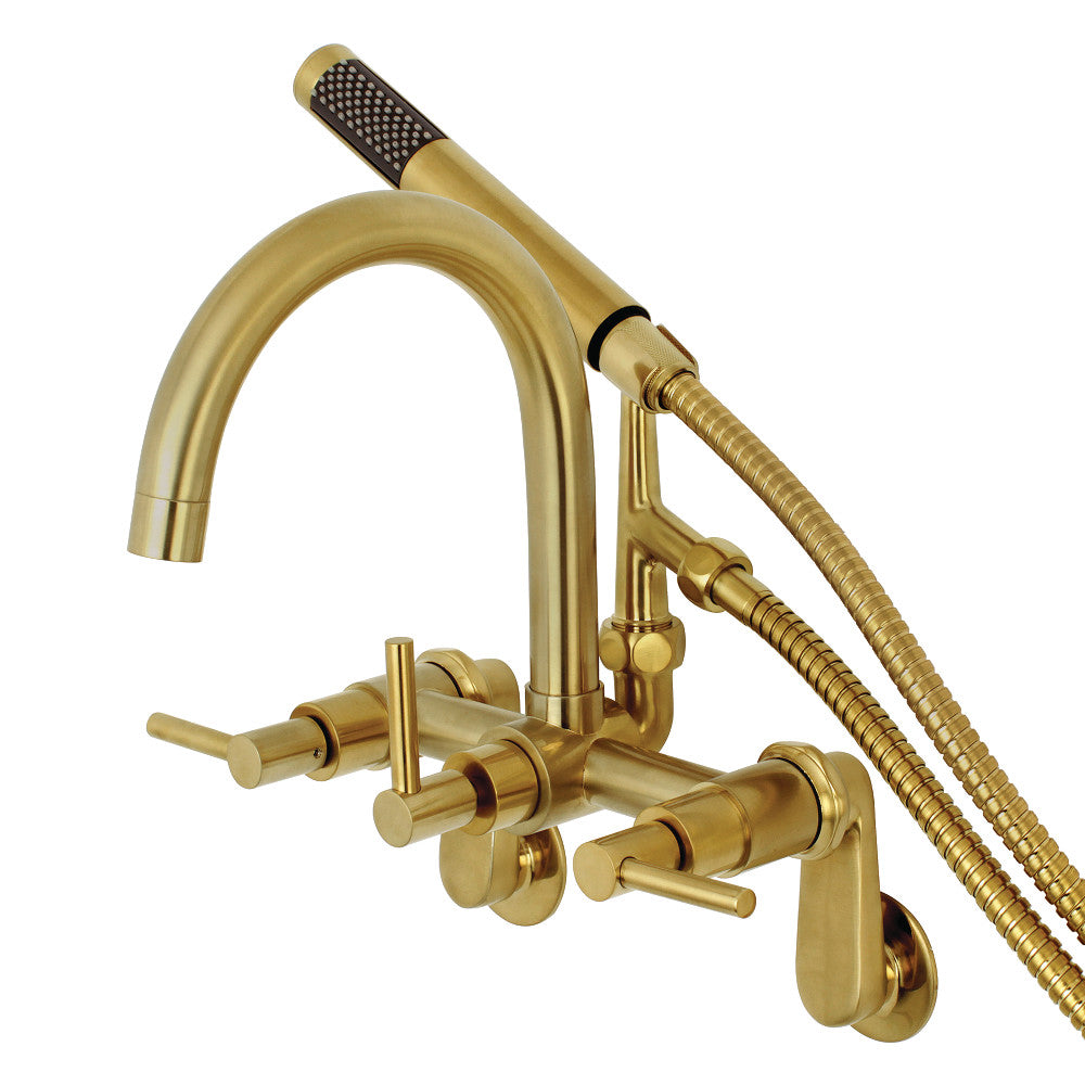 Brushed brass tub wall mount faucet with handshower and braided hose