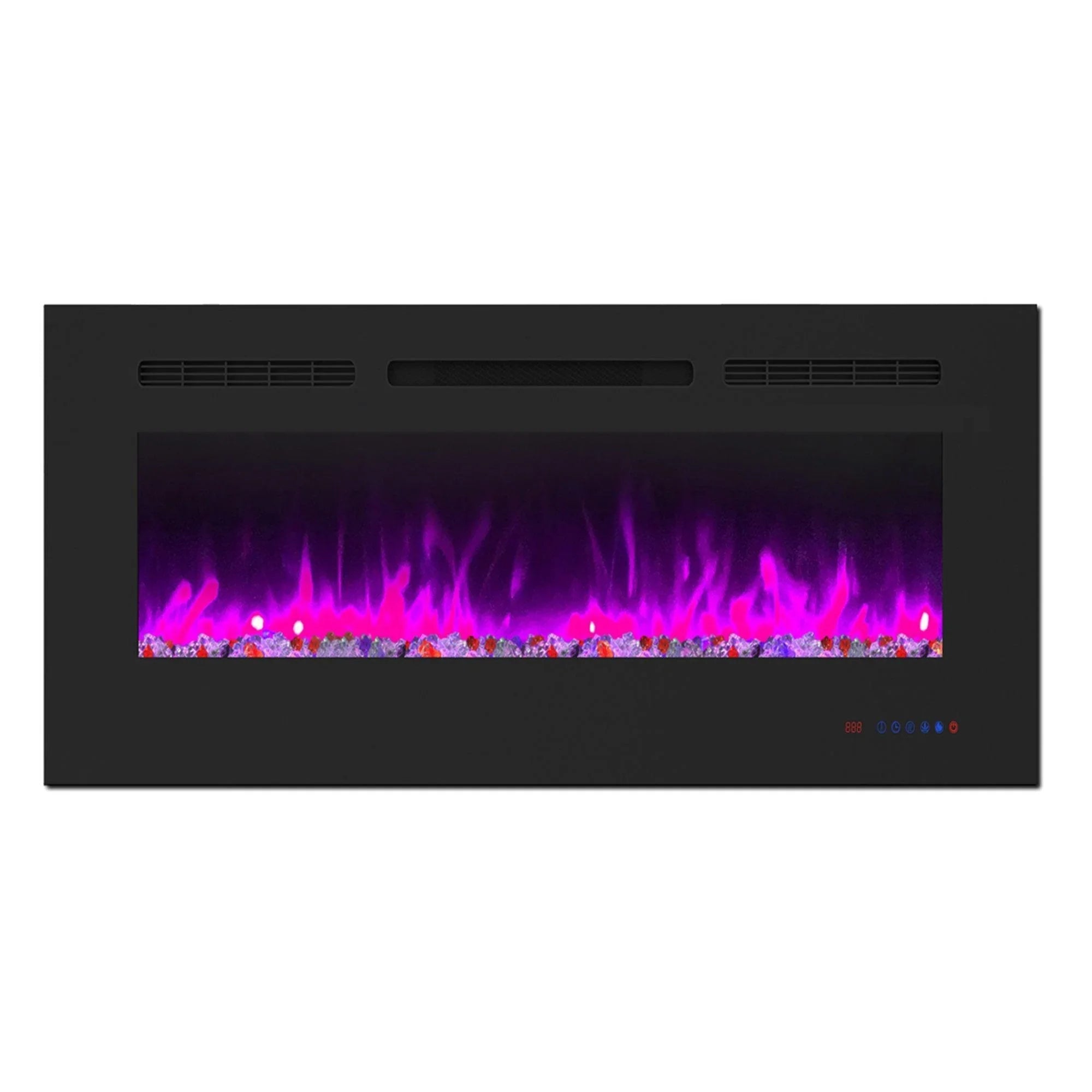 Black electric fireplace insert with vivid purple flame effect and illuminated ember bed