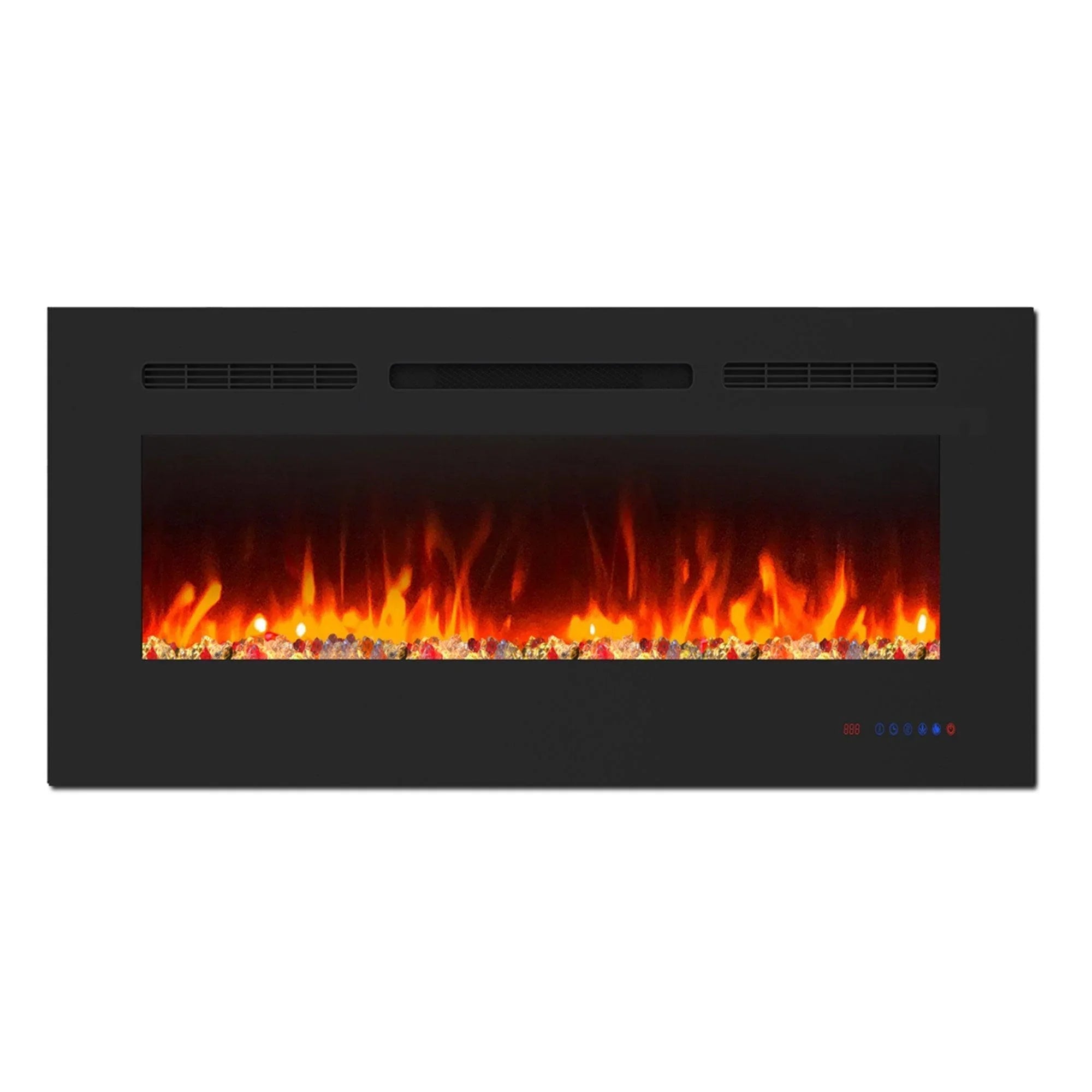 Black electric fireplace insert with warm orange flame effect and front LED control display