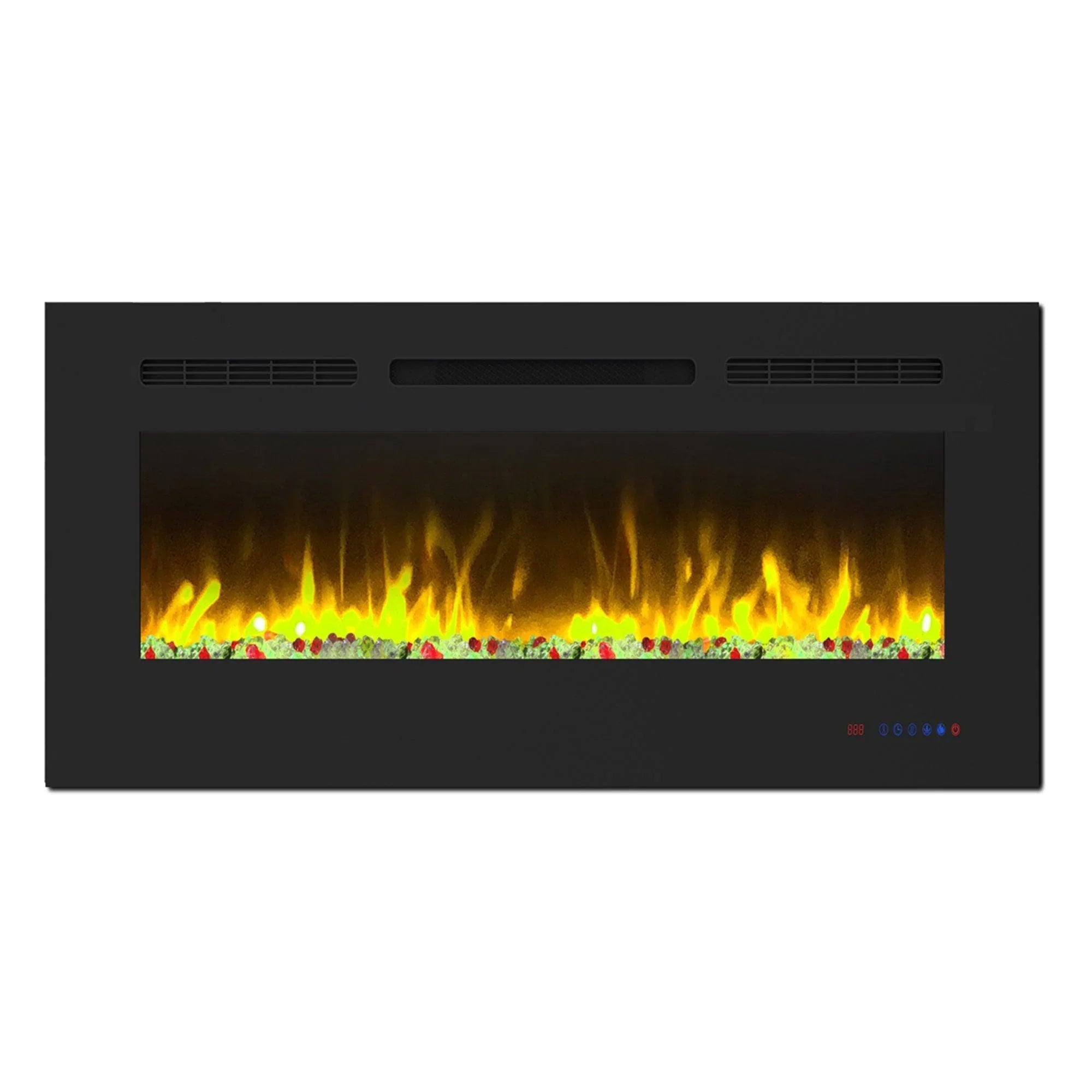 Black electric fireplace insert with yellow-gold flame effect and ember bed glow