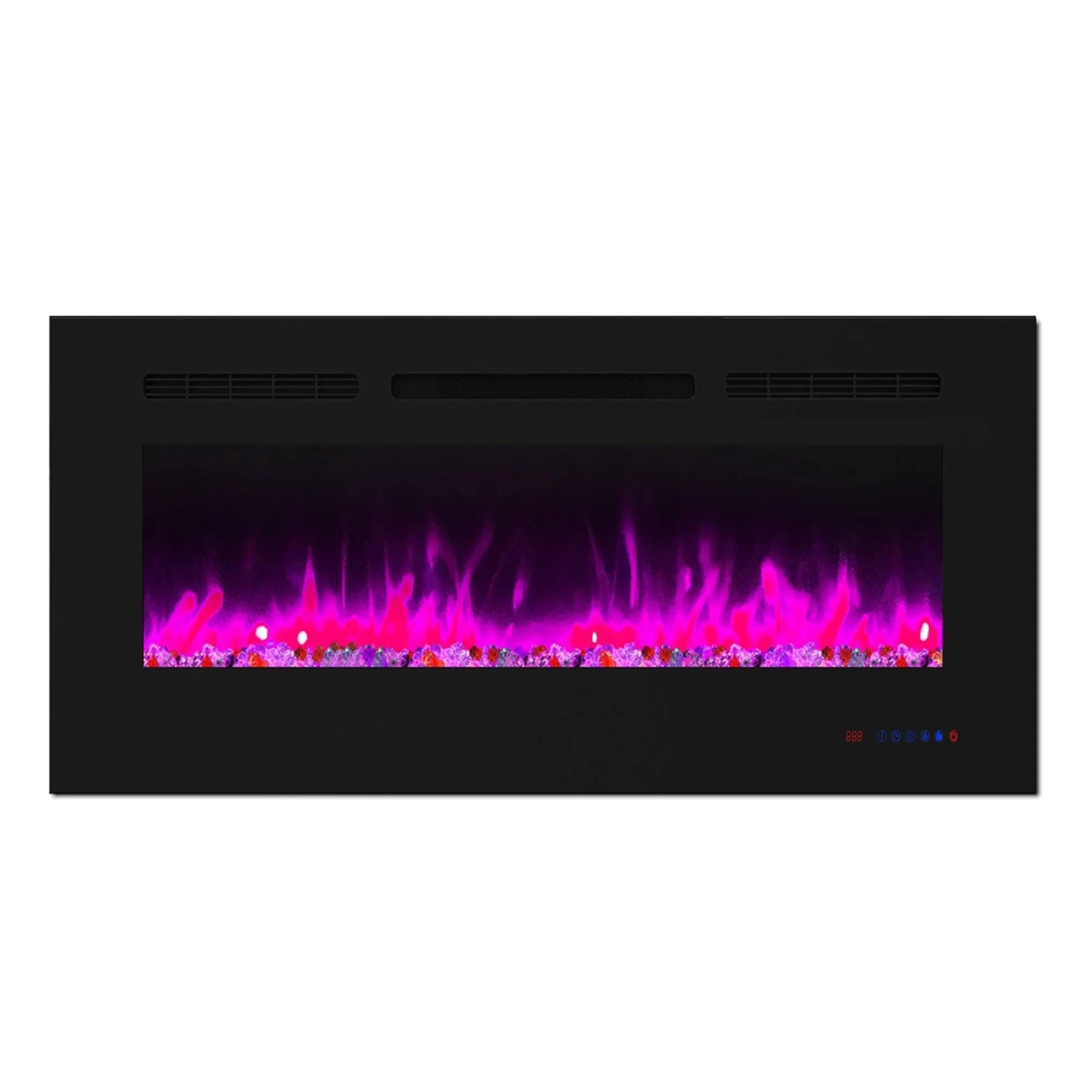 Black electric fireplace insert with magenta-purple flame effect and ember bed lights