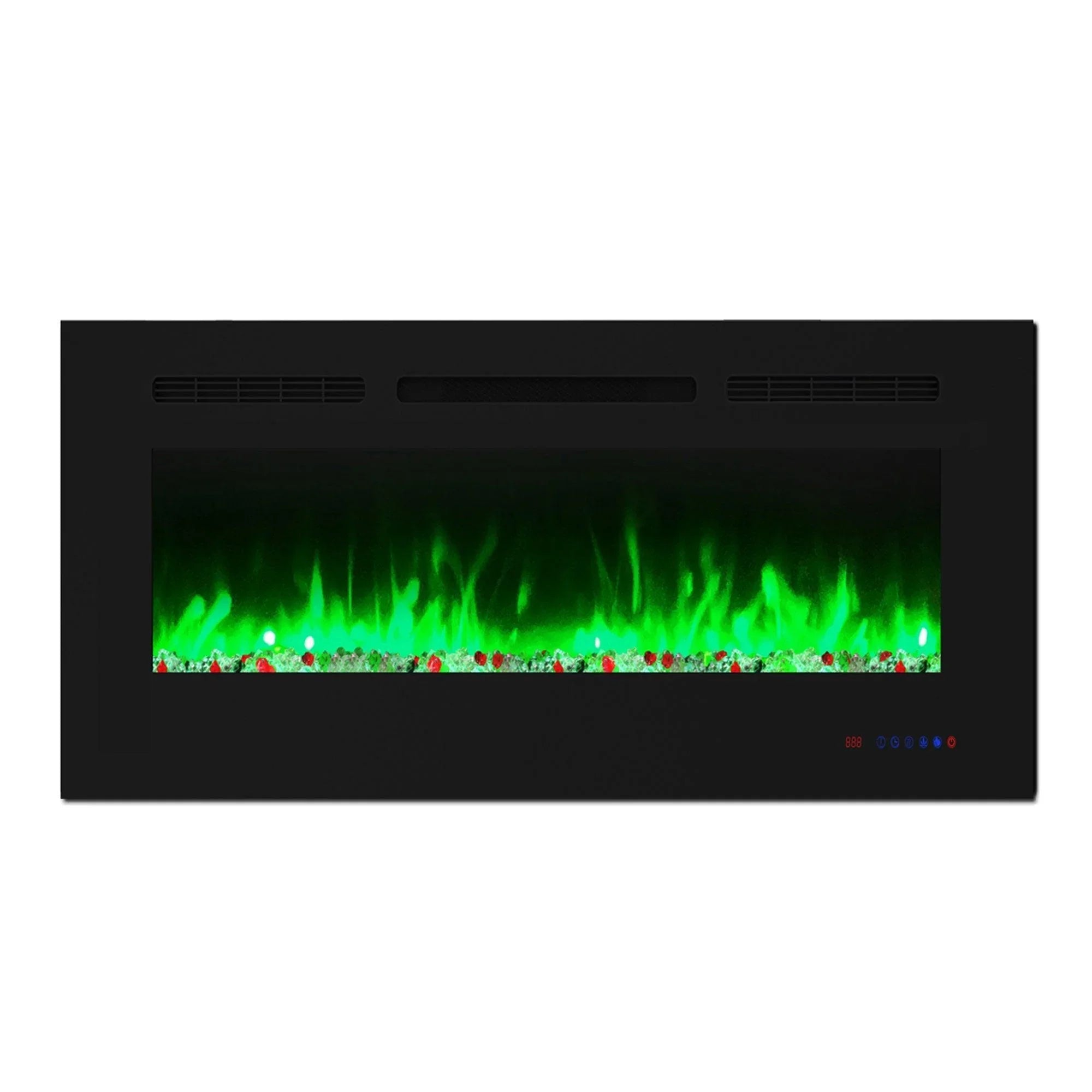Black electric fireplace with green flame effect, wall panel and ember bed