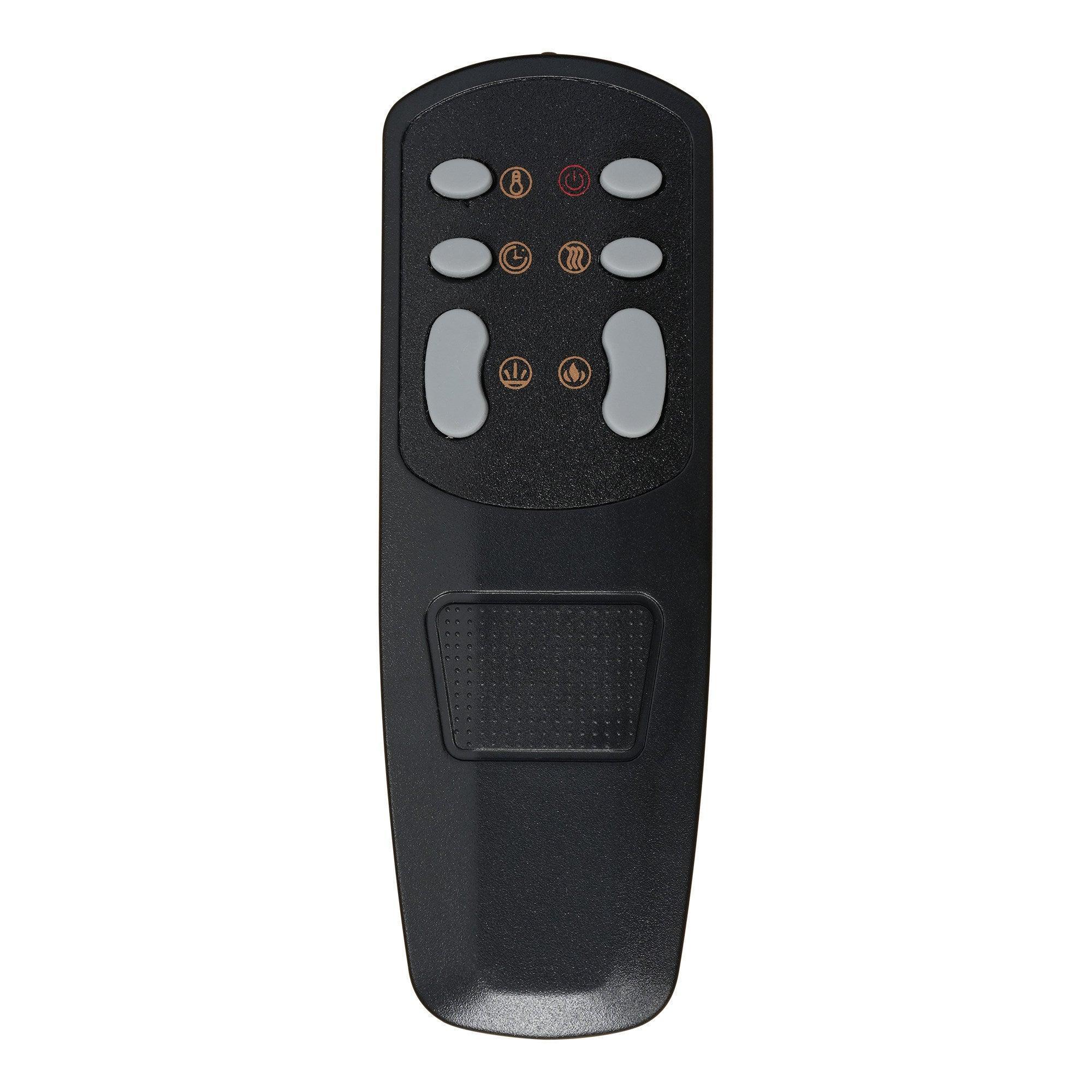 Black remote control with circular buttons for an electric fireplace