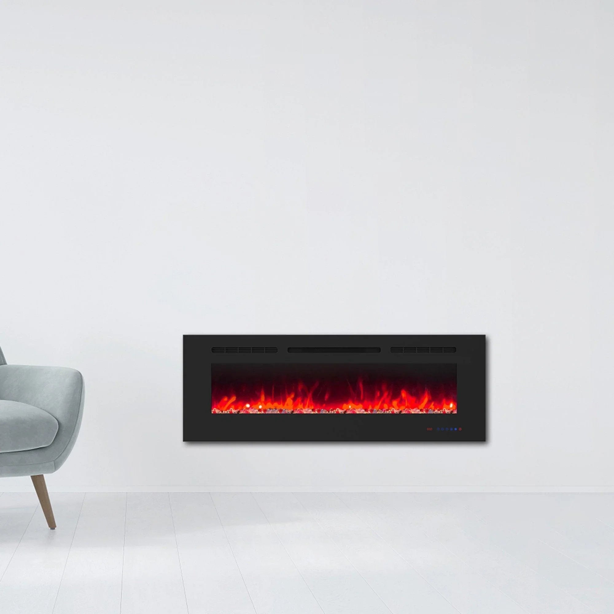 Black wall-mount electric fireplace with red-orange flame effect in front window