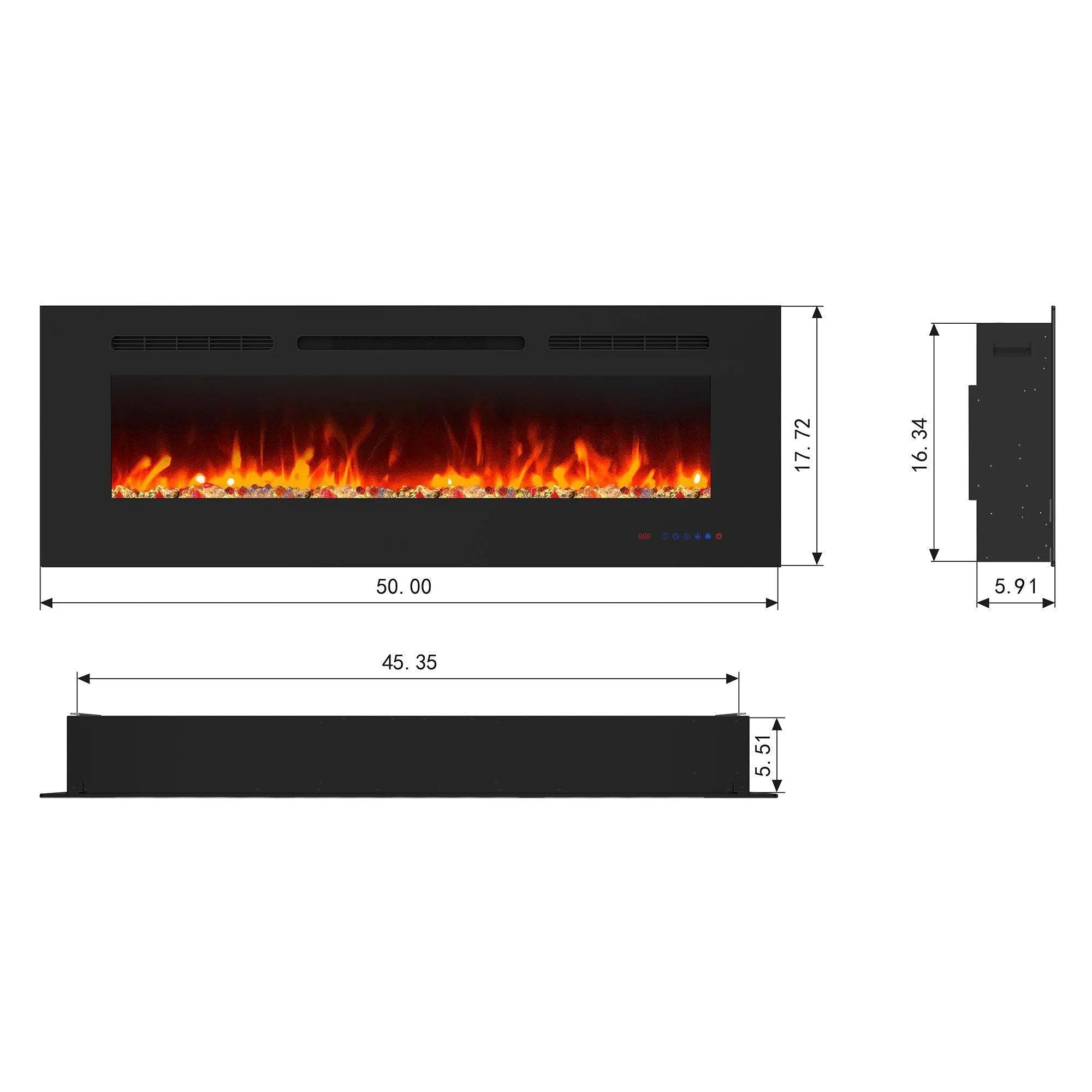 Black wall-mount electric fireplace with orange flame effect, shown with size diagram