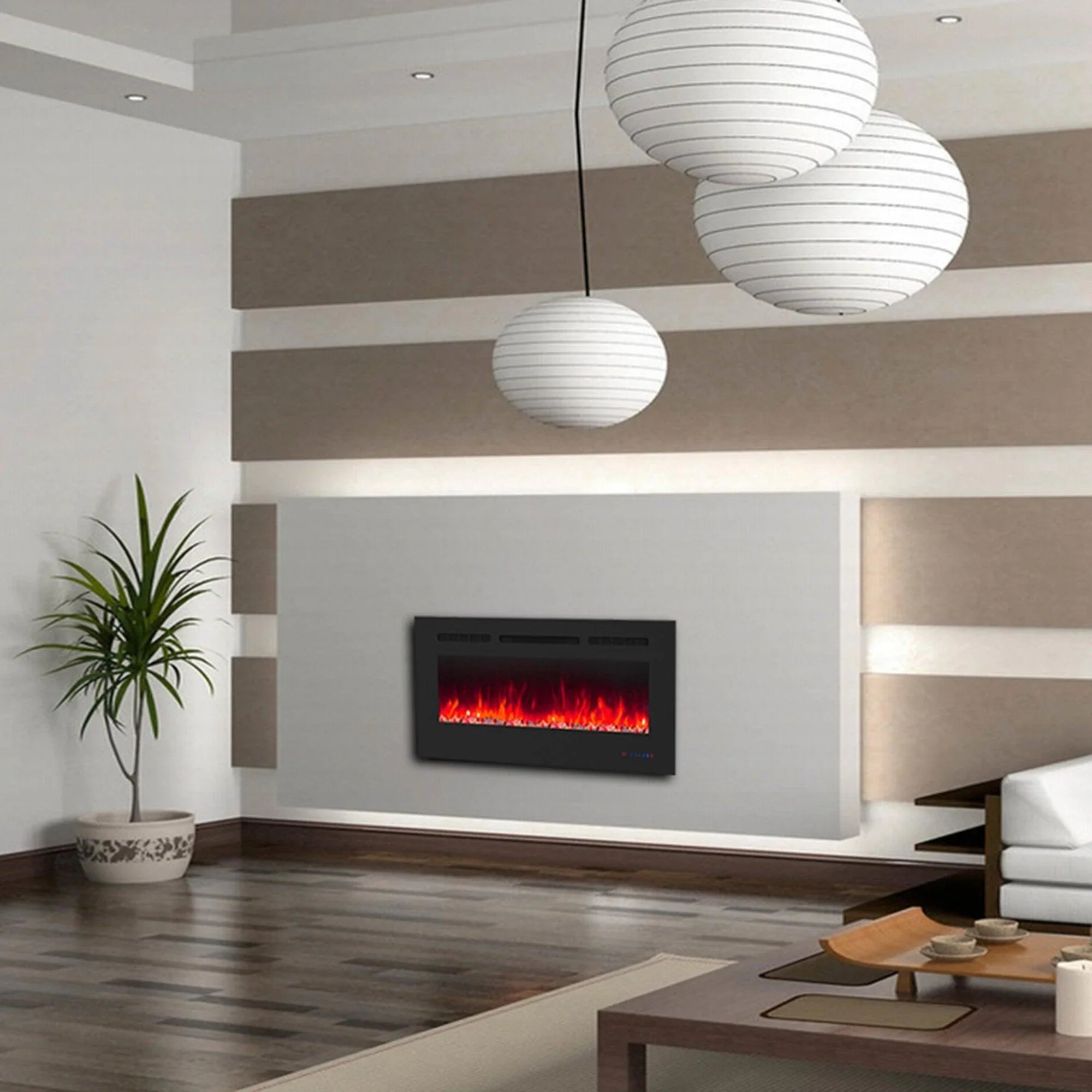 Wall-mounted black electric fireplace with red flame effect in a modern living room