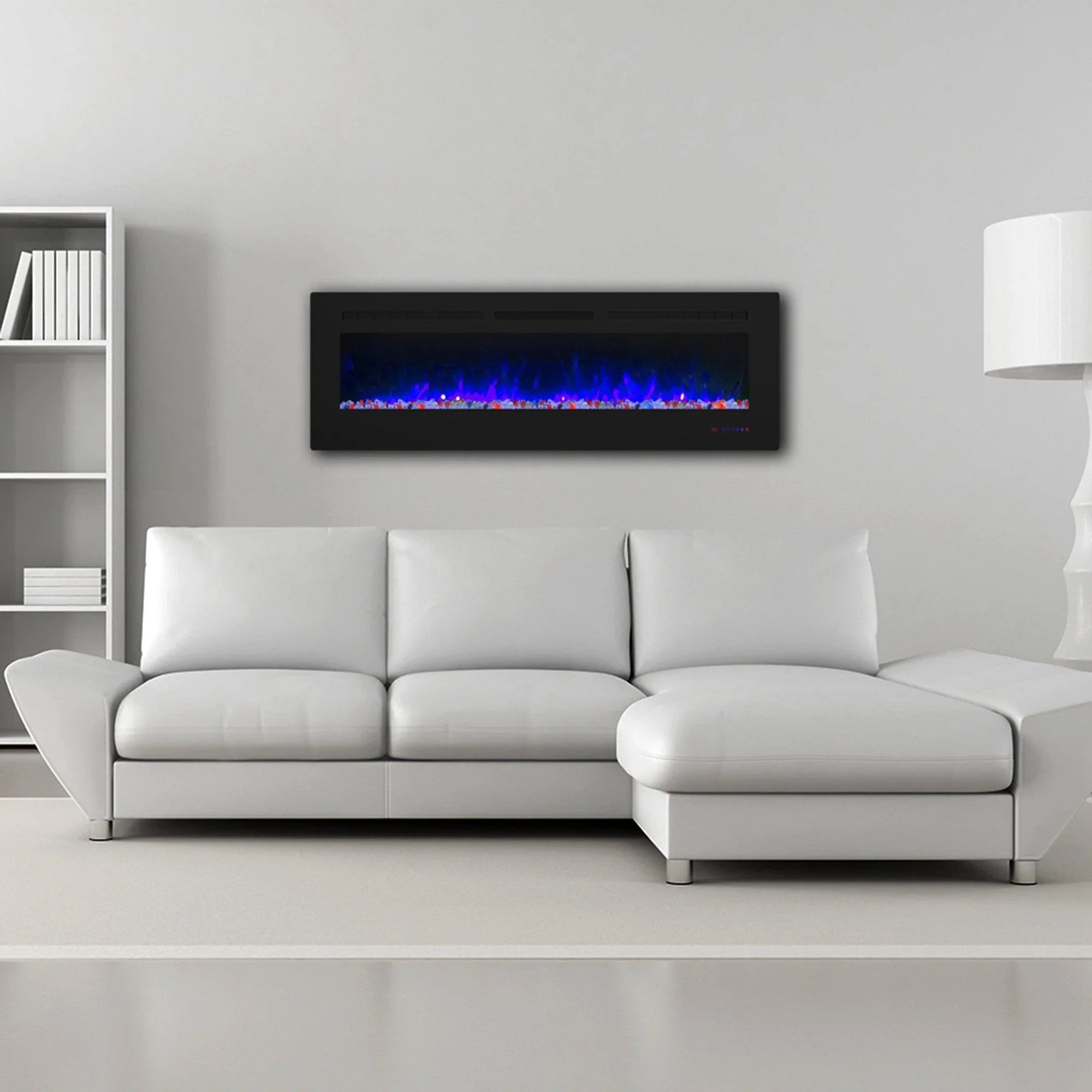 Black wall-mount electric fireplace with blue flame effect in front viewing window