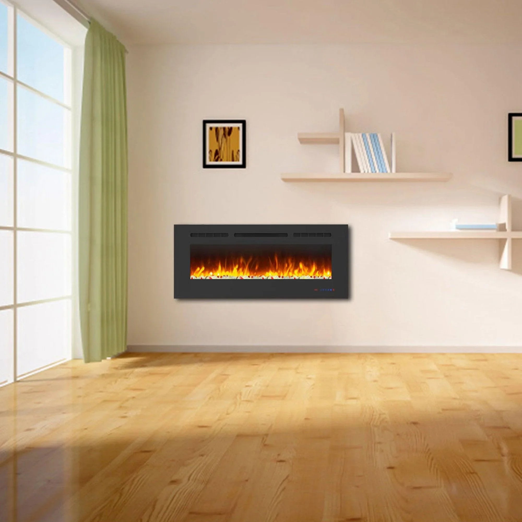 Black wall-mount electric fireplace with orange flame effect in front viewing window