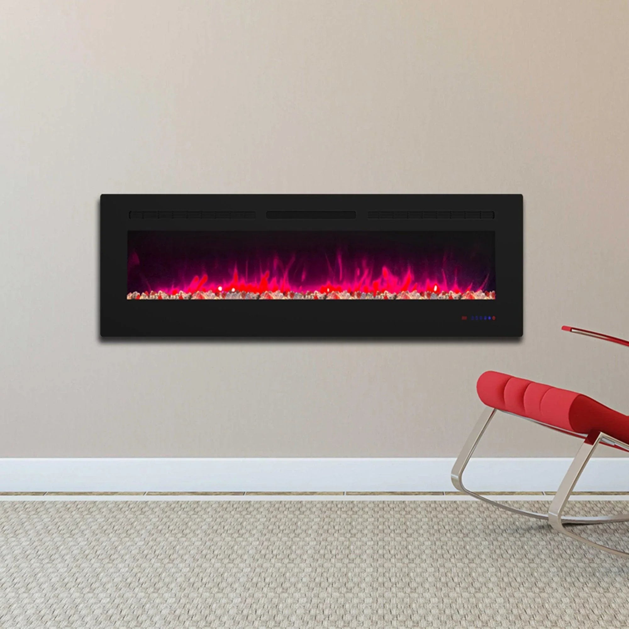 Parrot Uncle wall-mount electric fireplace, black frame with vivid purple-red flames