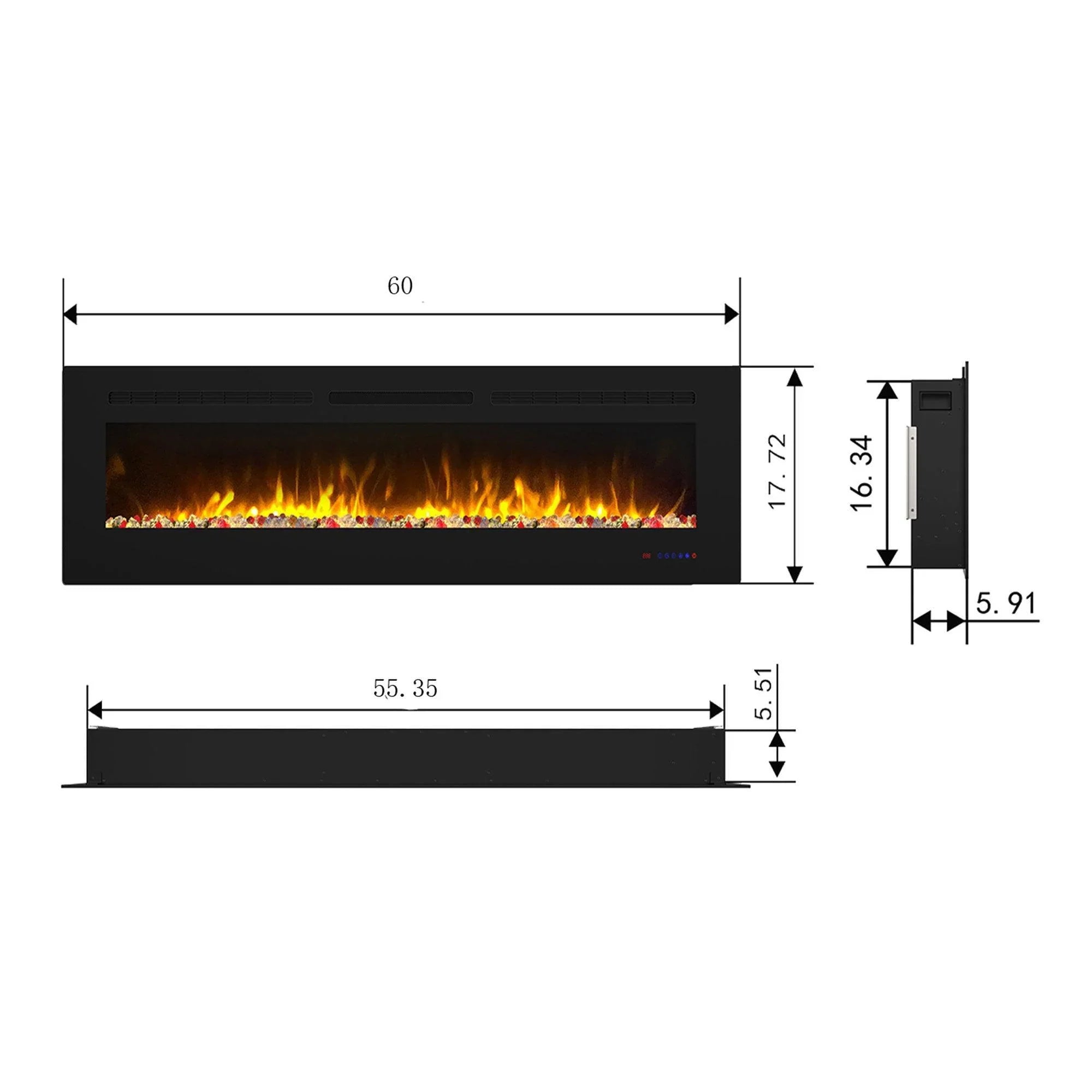 Parrot Uncle electric fireplace size diagram with width and height dimensions