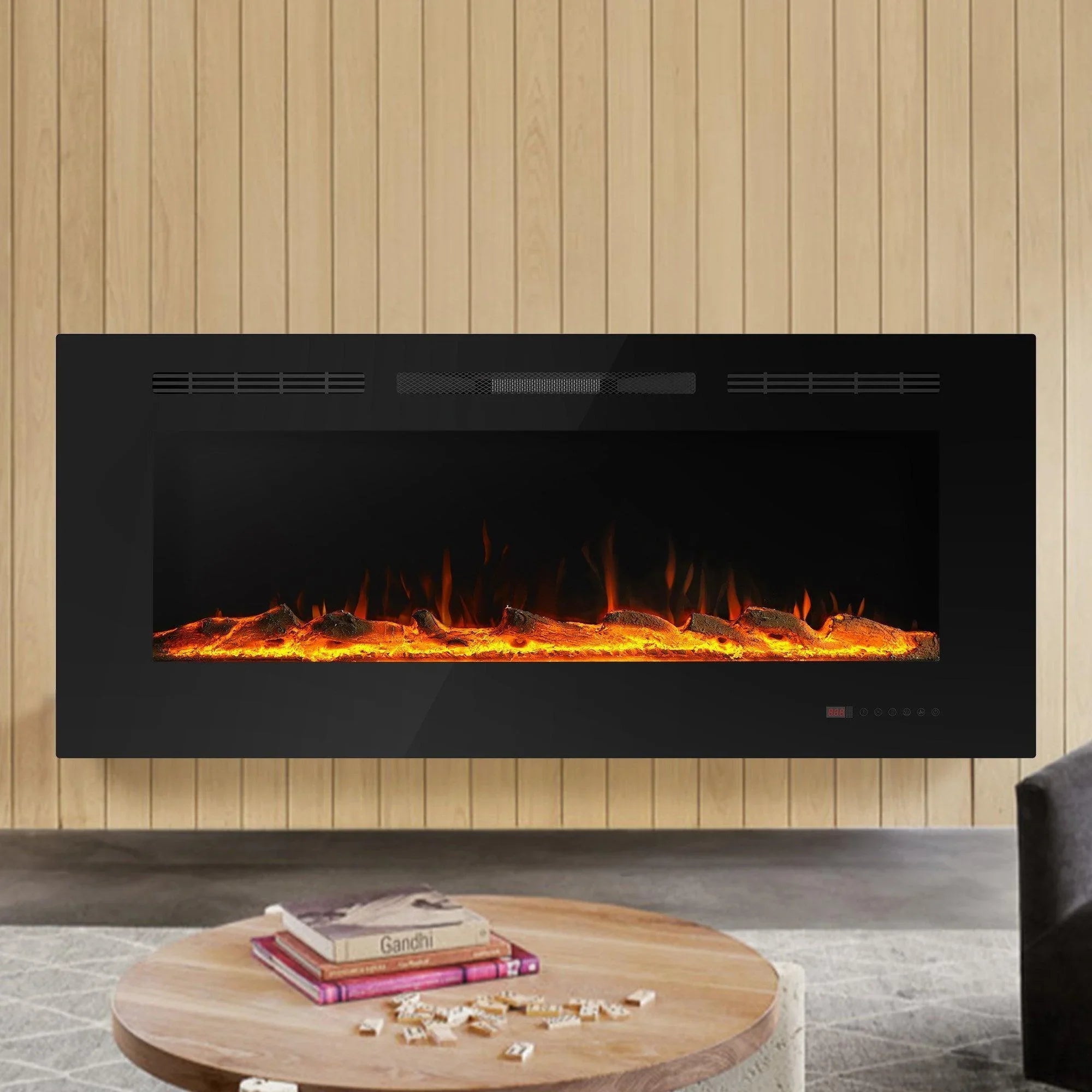 Parrot Uncle electric fireplace insert on wood wall, black frame with orange flame bed