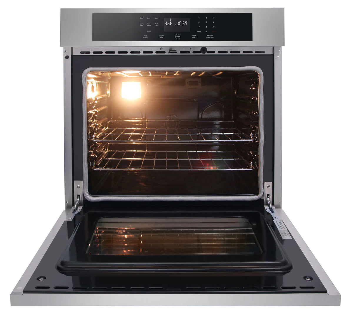 Stainless steel wall oven with door open and interior light on