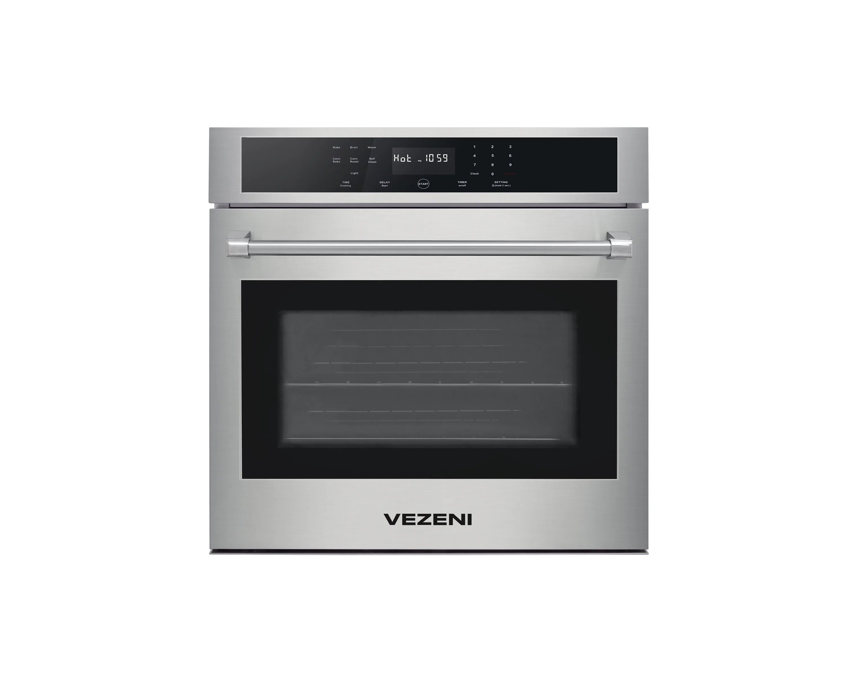 VEZENI stainless steel wall oven with dark glass door and top control display