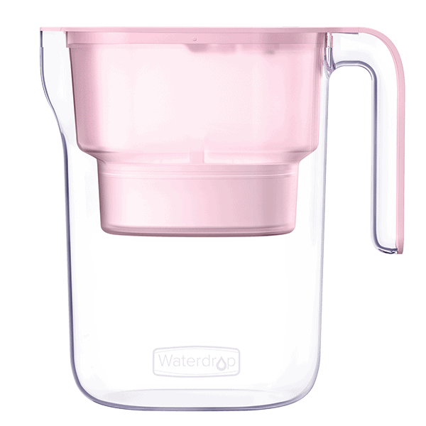 Pink water filter pitcher with hinged flip-top lid and built-in spout