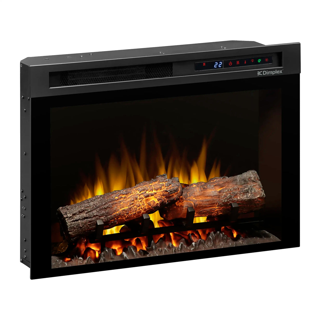 Black electric firebox with burning logs and LED display on upper edge