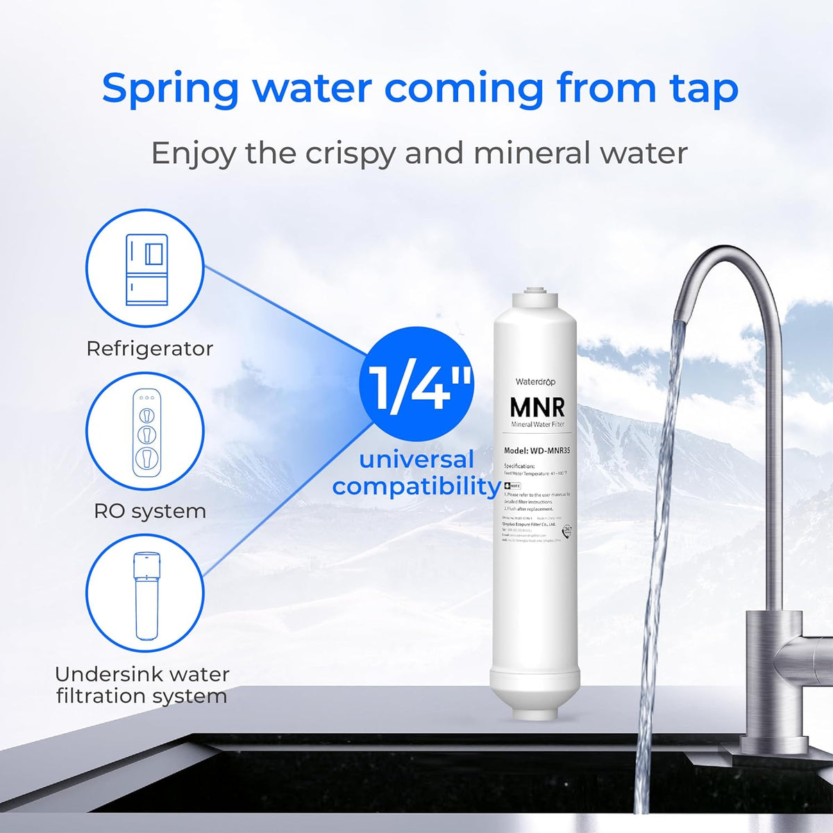 Waterdrop mineral water filter cartridge with 1/4-inch quick connect compatibility