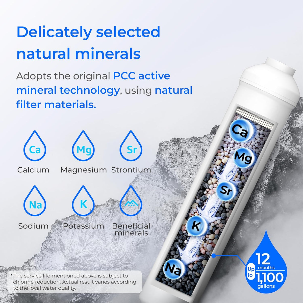 Waterdrop mineral filter cartridge with mineral element graphic on the media sleeve