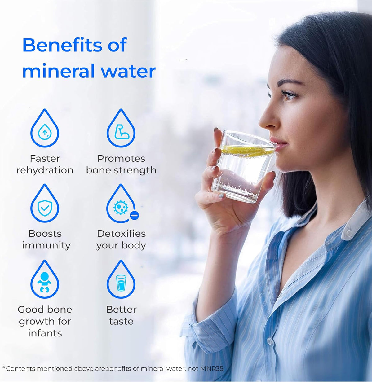 Alkaline mineral water filter shown with a woman tasting a glass of water