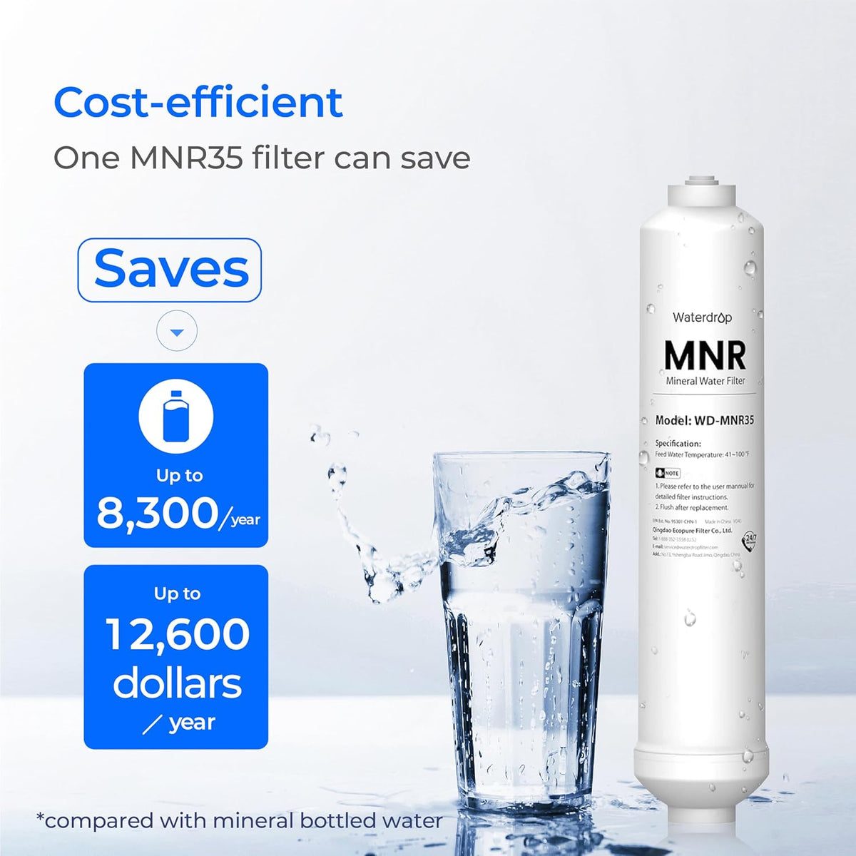 Waterdrop MNR mineral water filter cartridge with cost-savings graphic