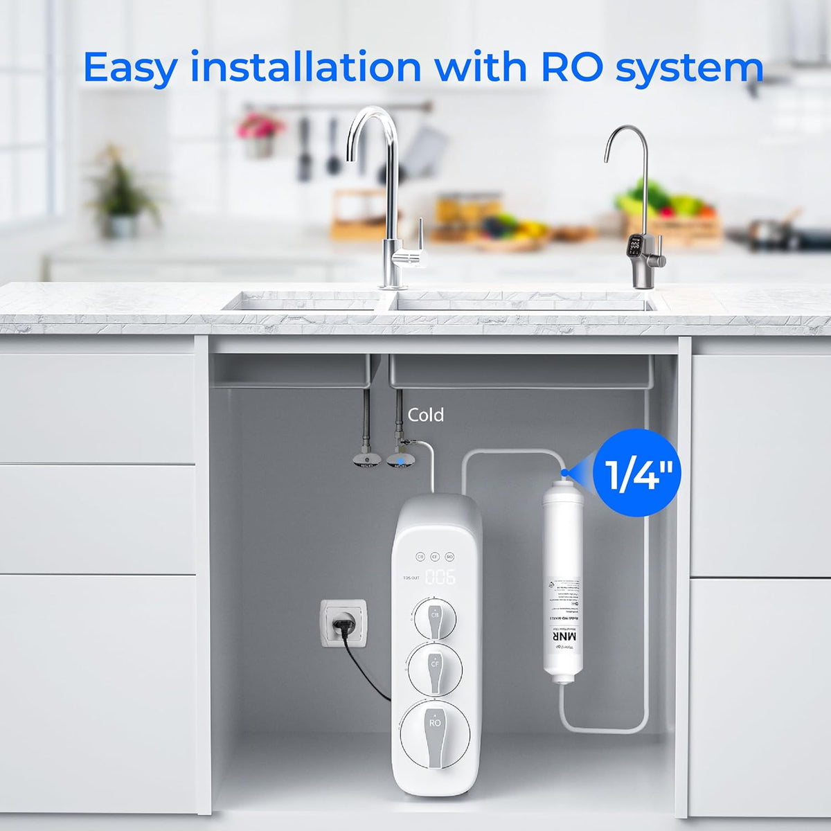 Under-sink RO system setup with connected Waterdrop mineral filter and 1/4-inch fitting
