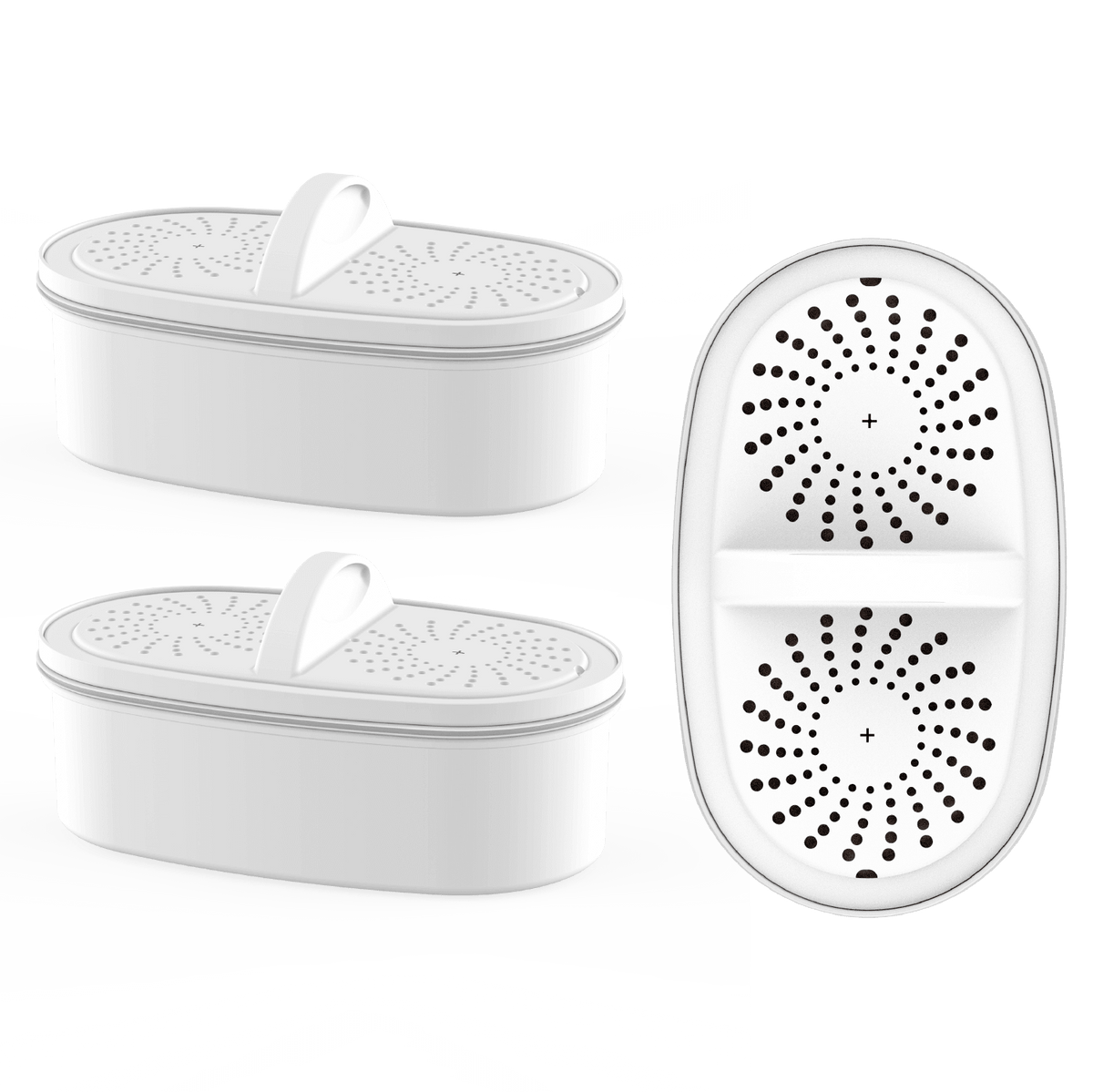 Two white replacement filter cartridges and matching oval insert with perforations