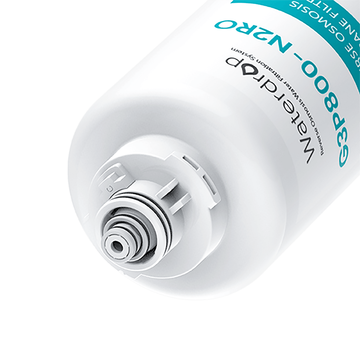 Waterdrop RO filter replacement cartridge, close-up of threaded inlet ports