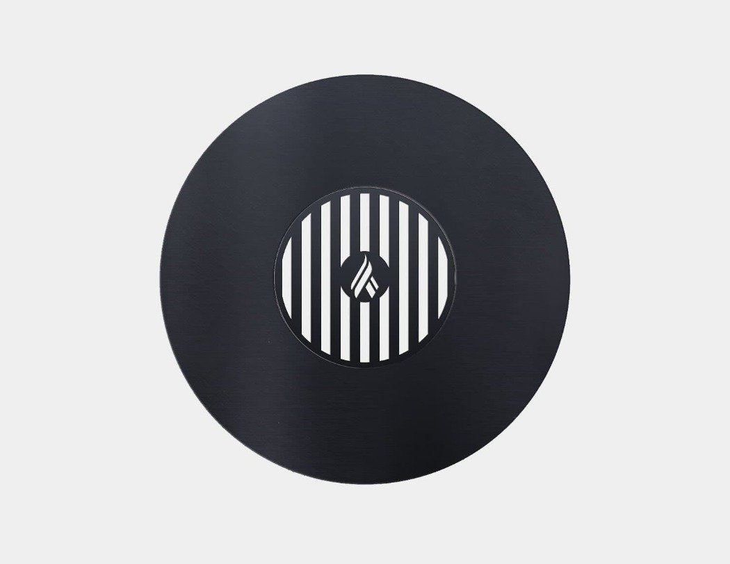 Black circular carbon steel grill grate insert with center emblem