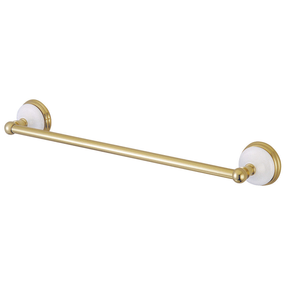 Single towel bar with polished brass finish and round wall-mount escutcheons