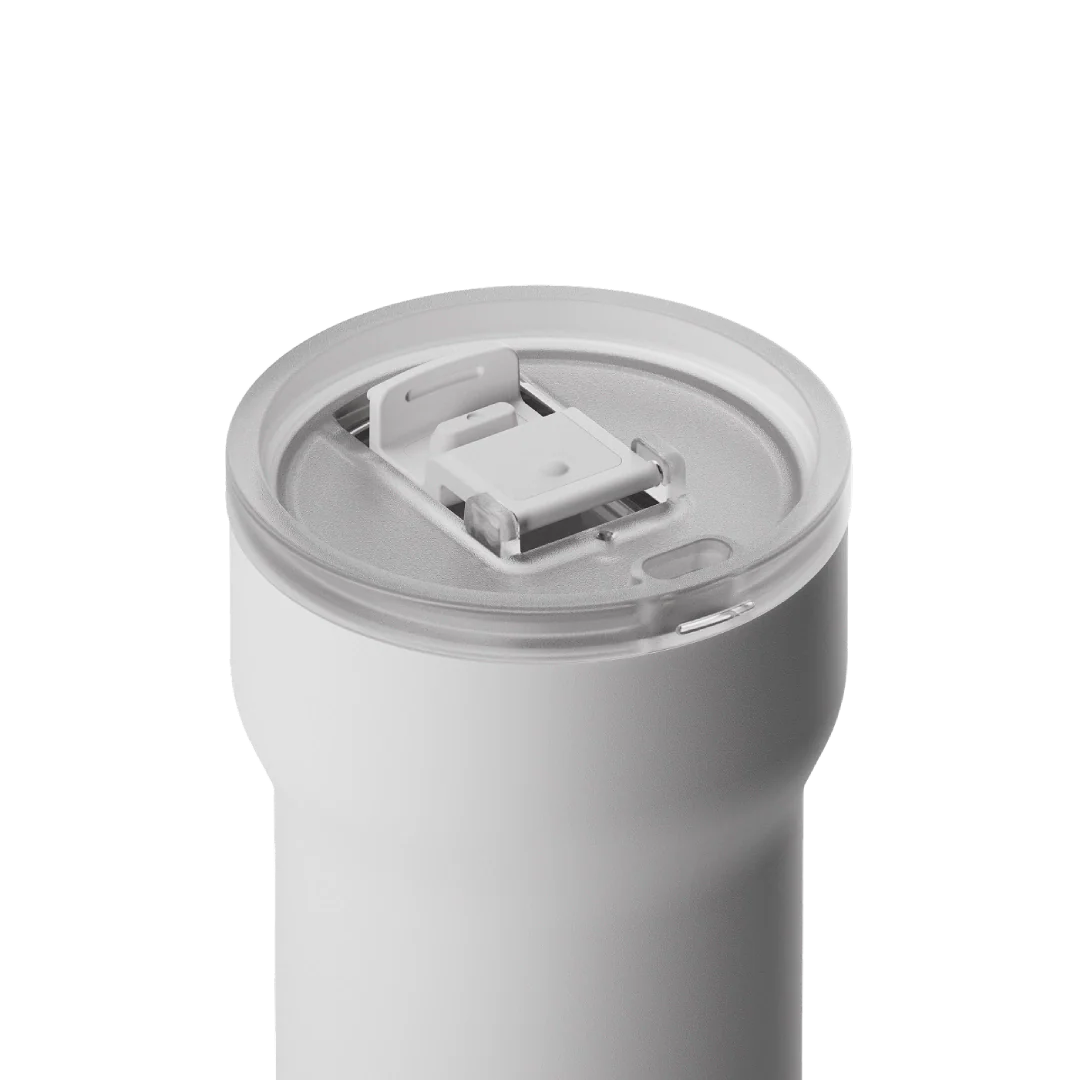 White passenger tumbler lid detail with hinge and press latch tabs
