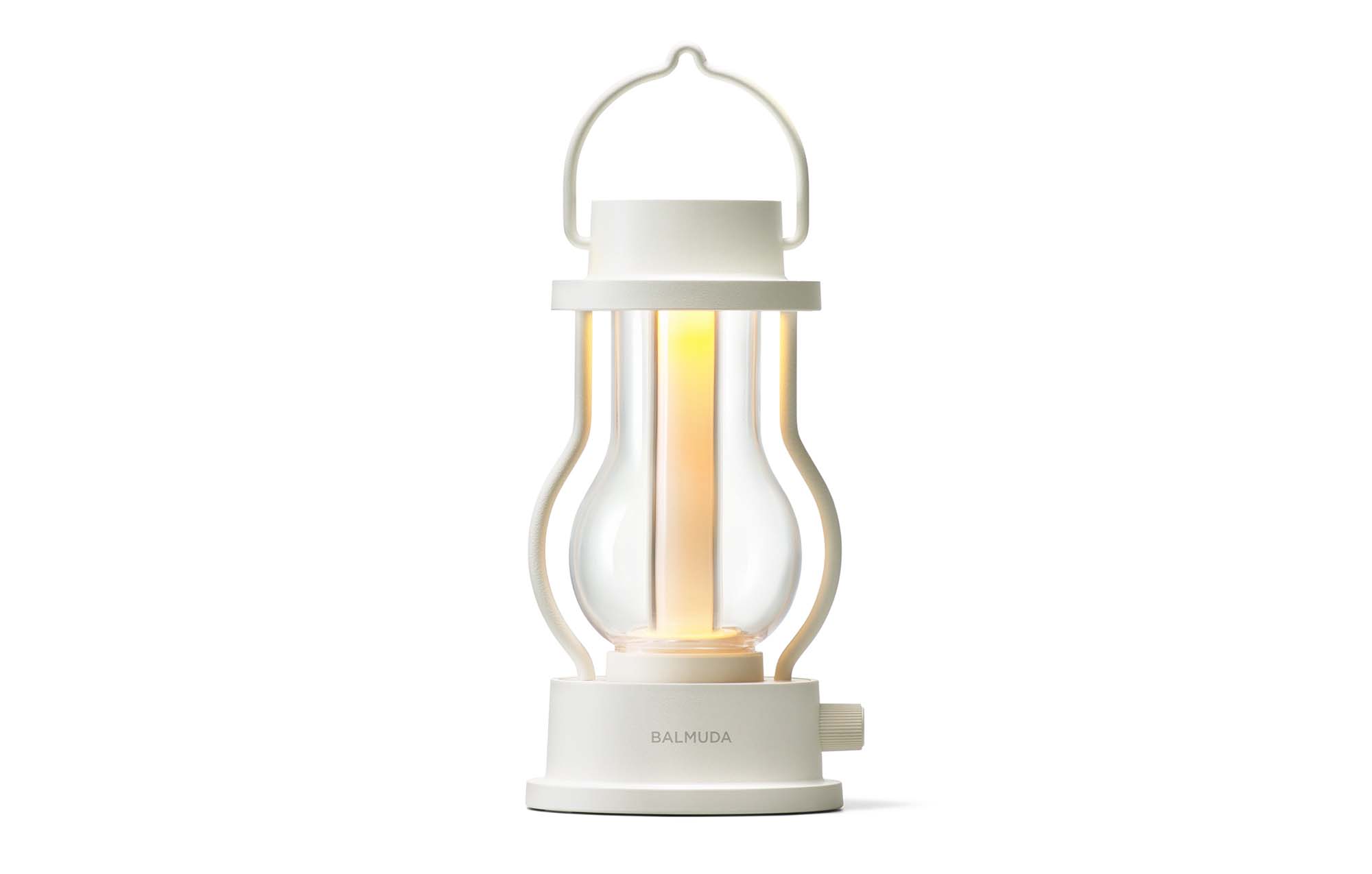 Rechargeable LED lantern in white with handle and glowing glass body