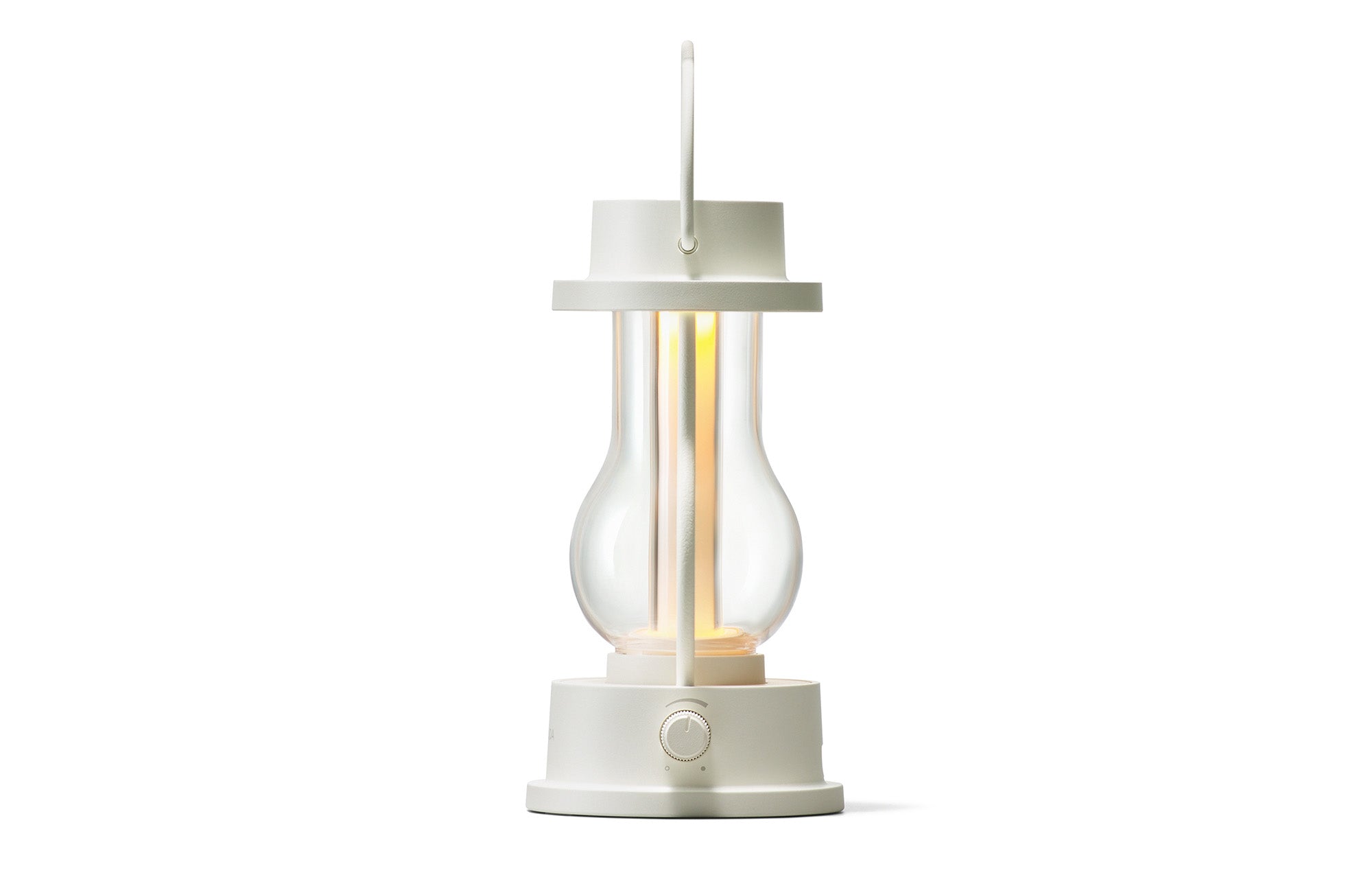 Rechargeable LED lantern in white with tall top knob and glowing glass tube